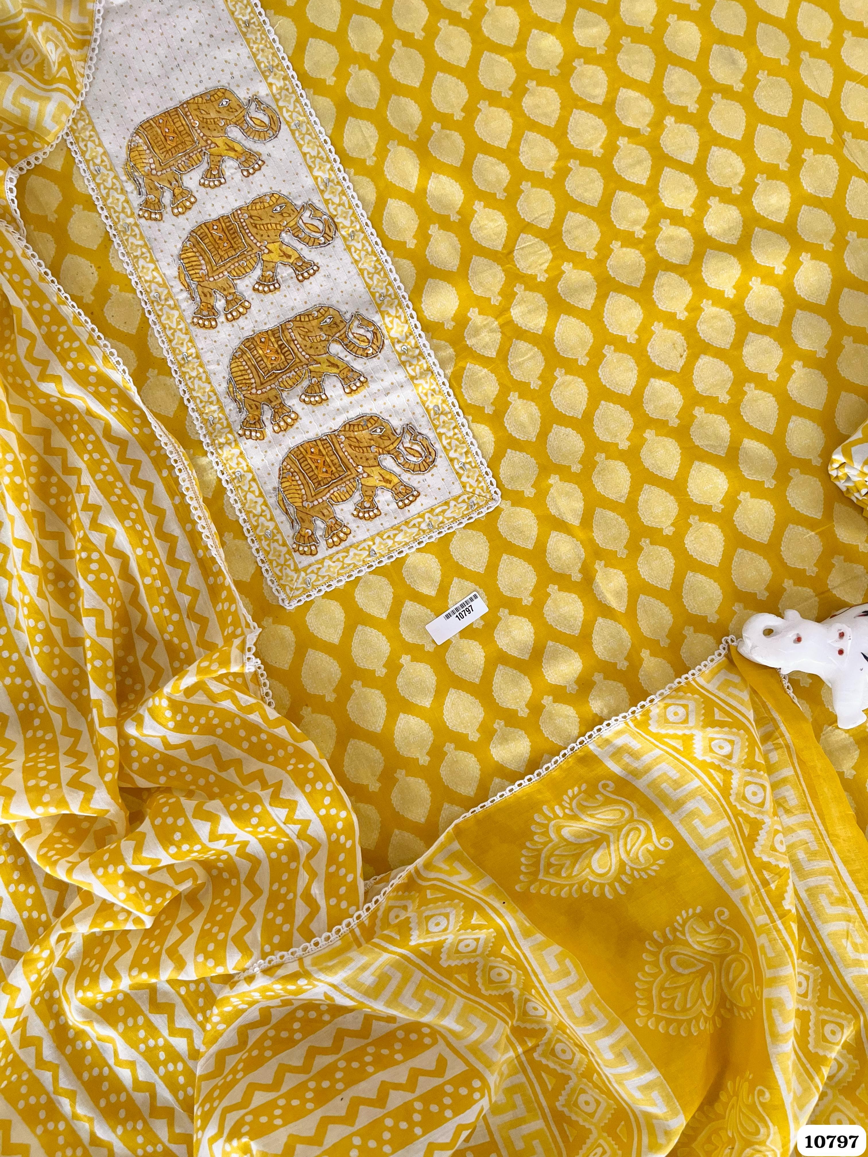 Yellow Cotton Jaipuri Printed Hand Embroidered -Set Of 3 {10797}