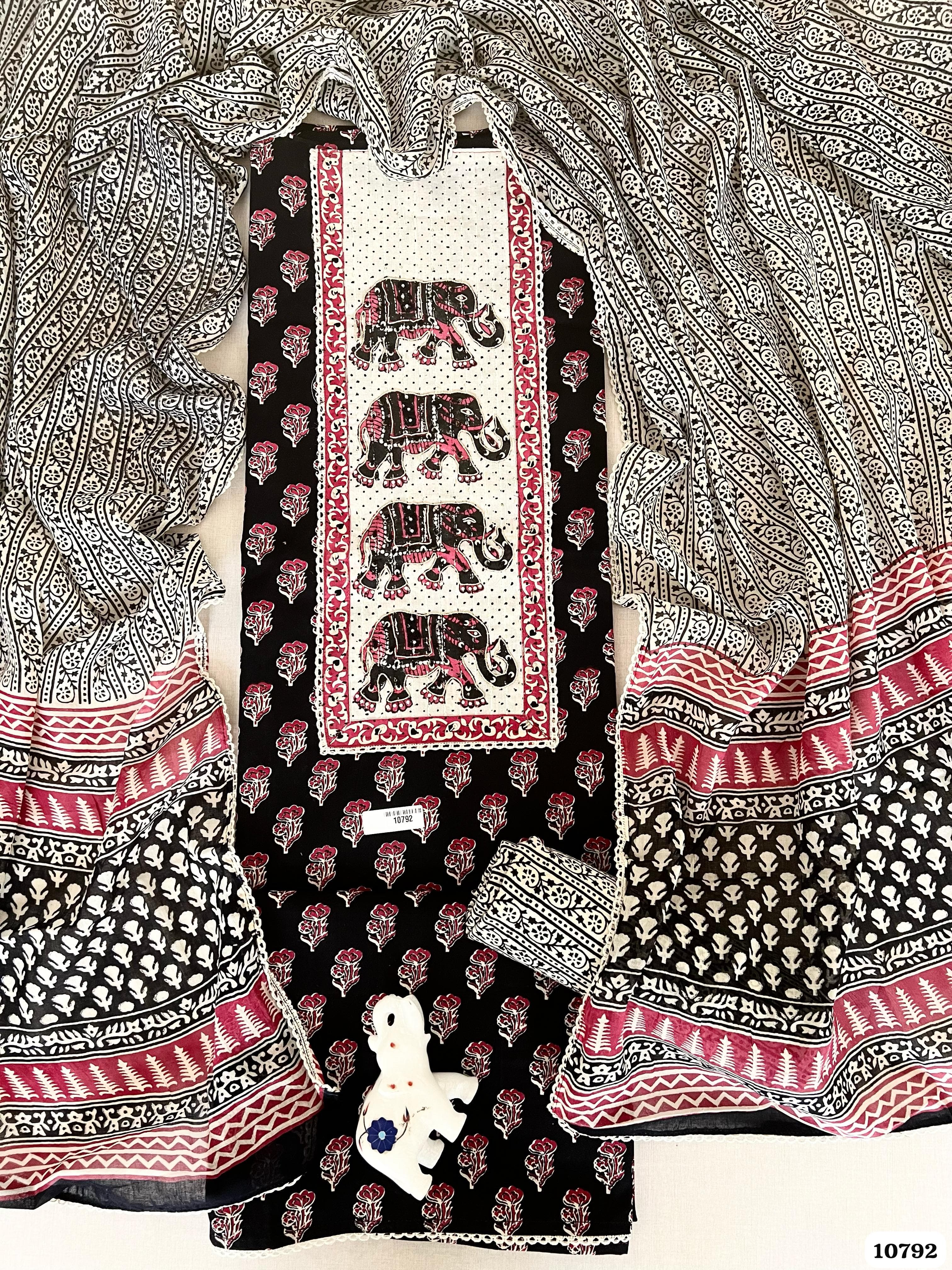 Grey Cotton Jaipuri Printed Hand Embroidered -Set Of 3 {10792}