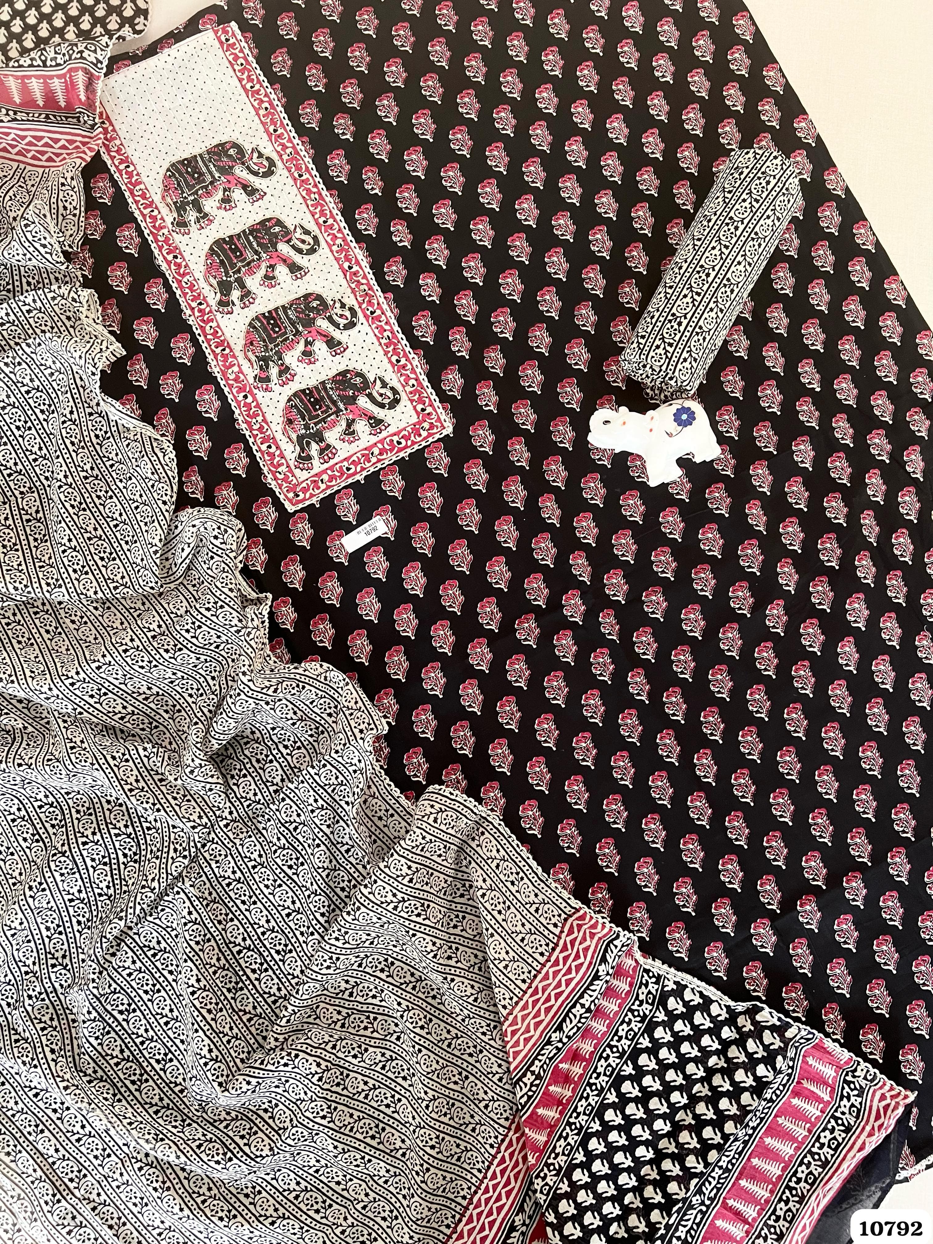 Grey Cotton Jaipuri Printed Hand Embroidered -Set Of 3 {10792}