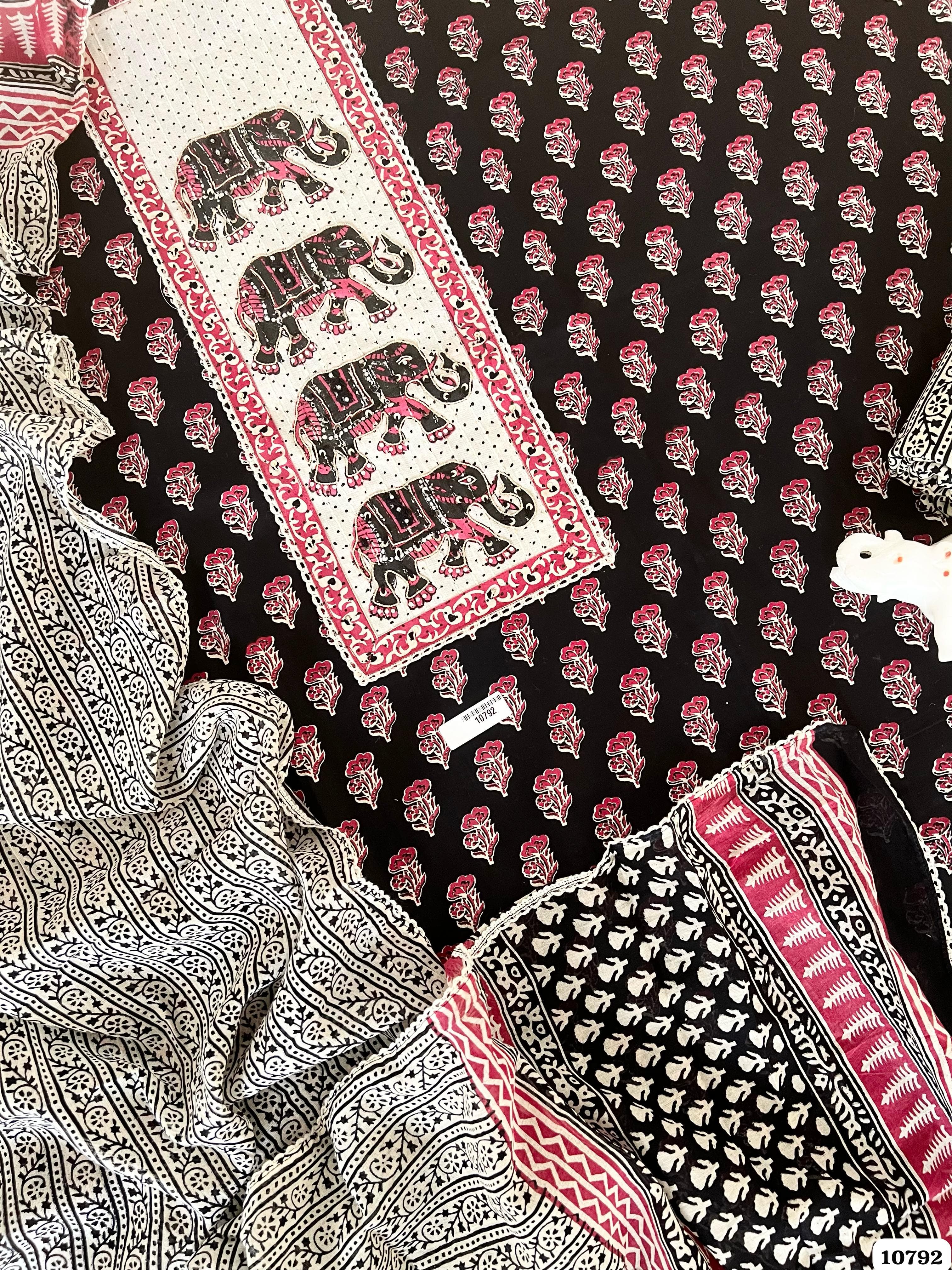 Grey Cotton Jaipuri Printed Hand Embroidered -Set Of 3 {10792}