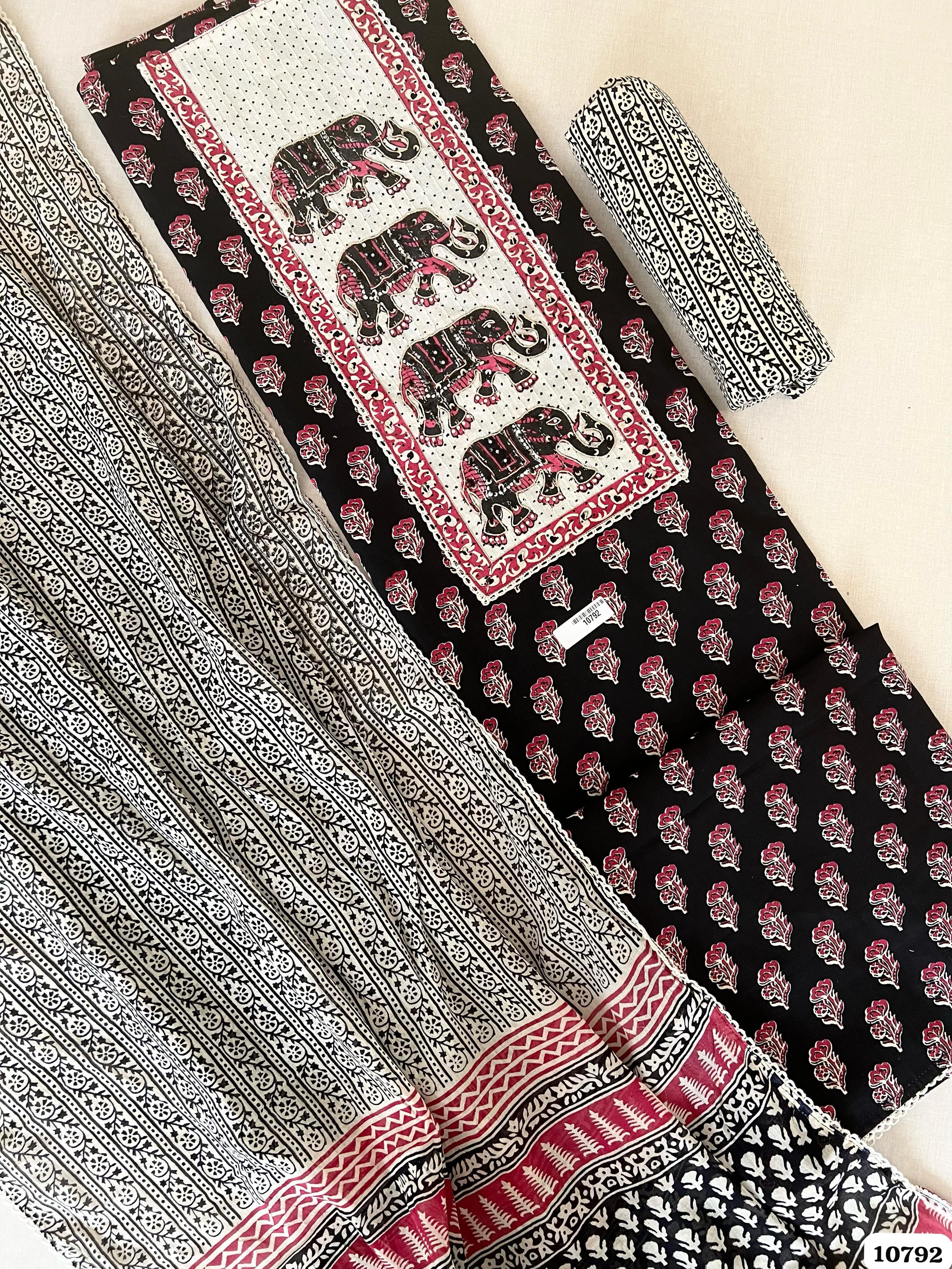 Grey Cotton Jaipuri Printed Hand Embroidered -Set Of 3 {10792}