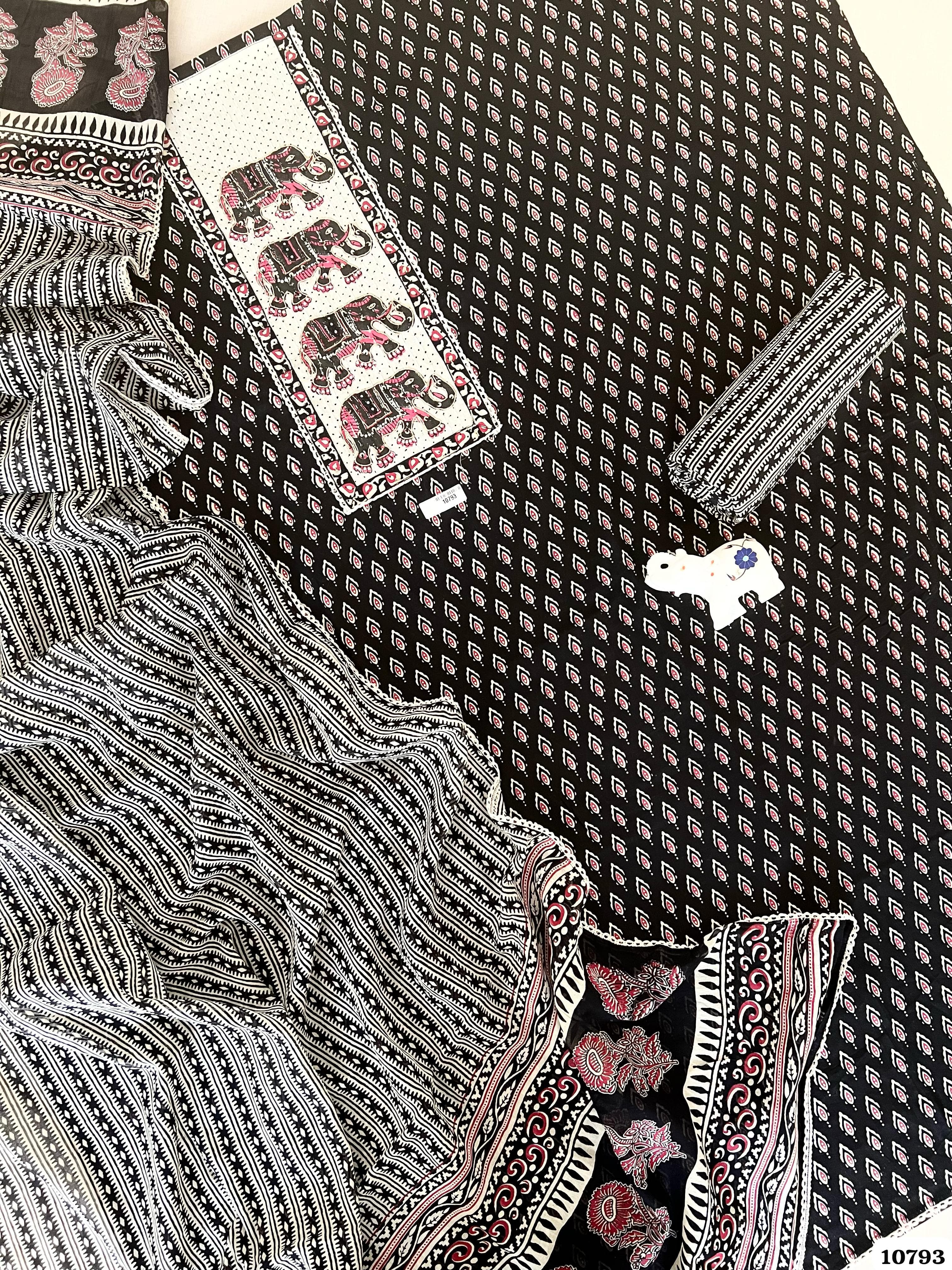 Black Cotton Jaipuri Printed Hand Embroidered -Set Of 3 {10793}