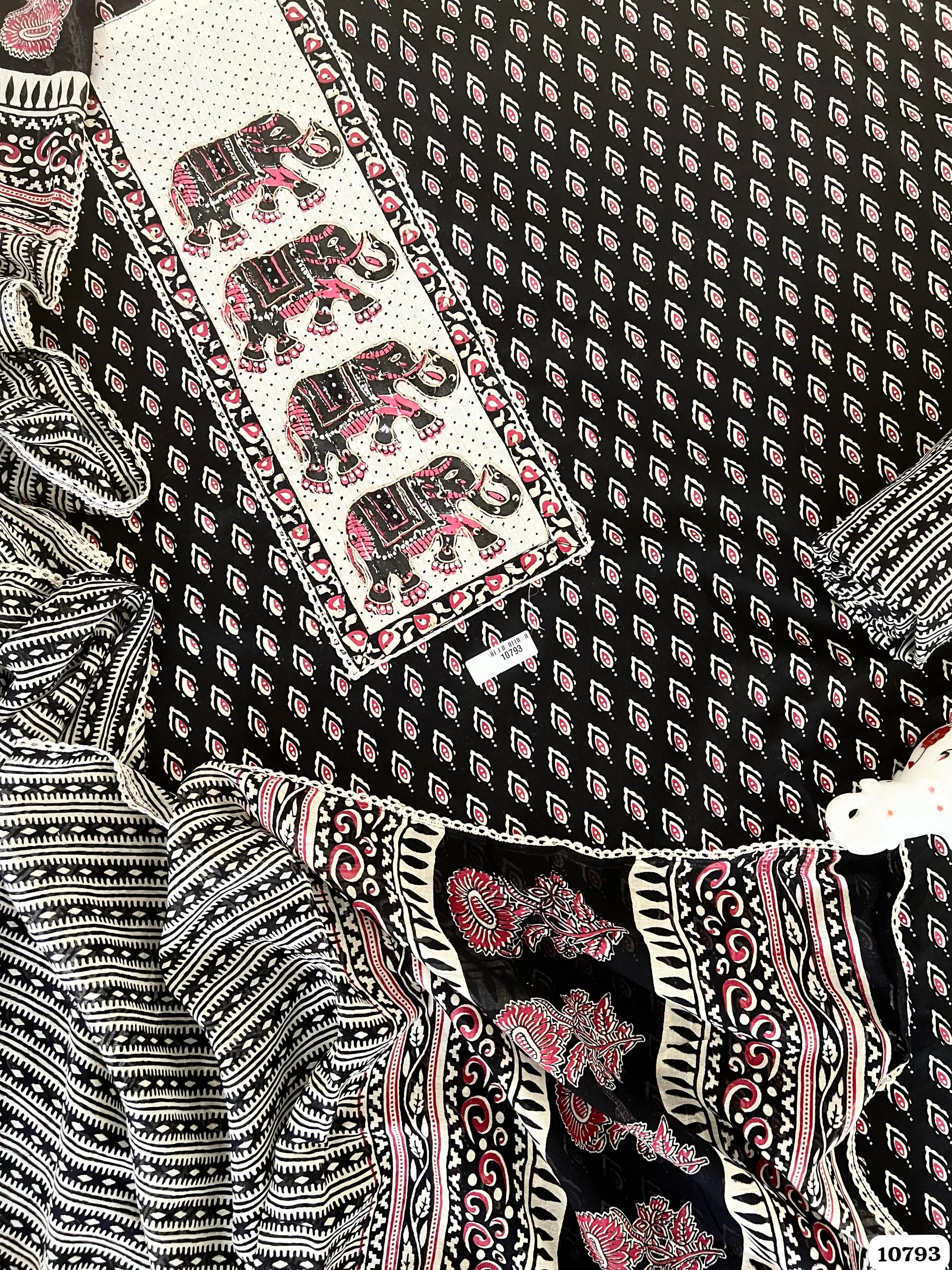 Black Cotton Jaipuri Printed Hand Embroidered -Set Of 3 {10793}