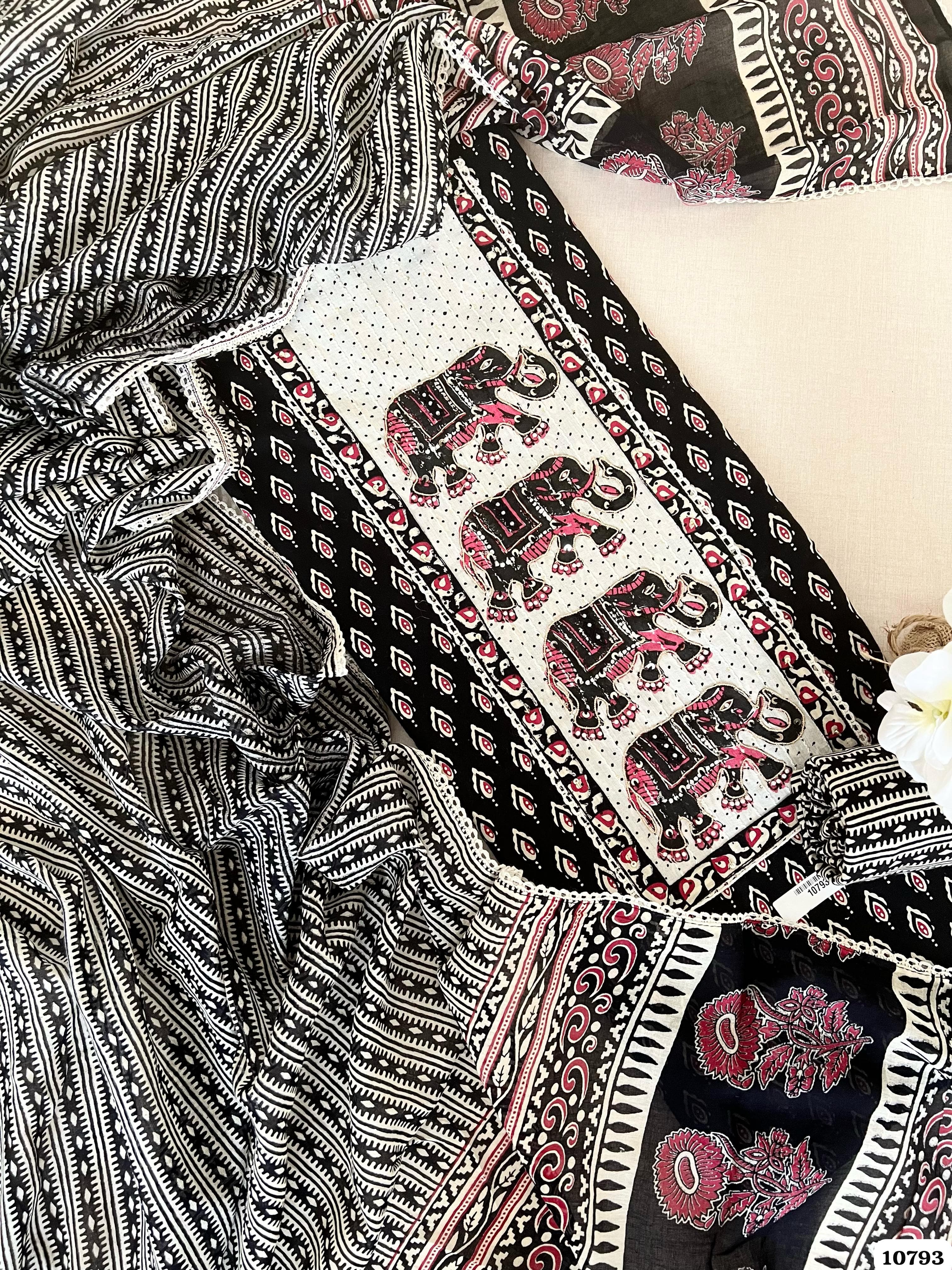 Black Cotton Jaipuri Printed Hand Embroidered -Set Of 3 {10793}