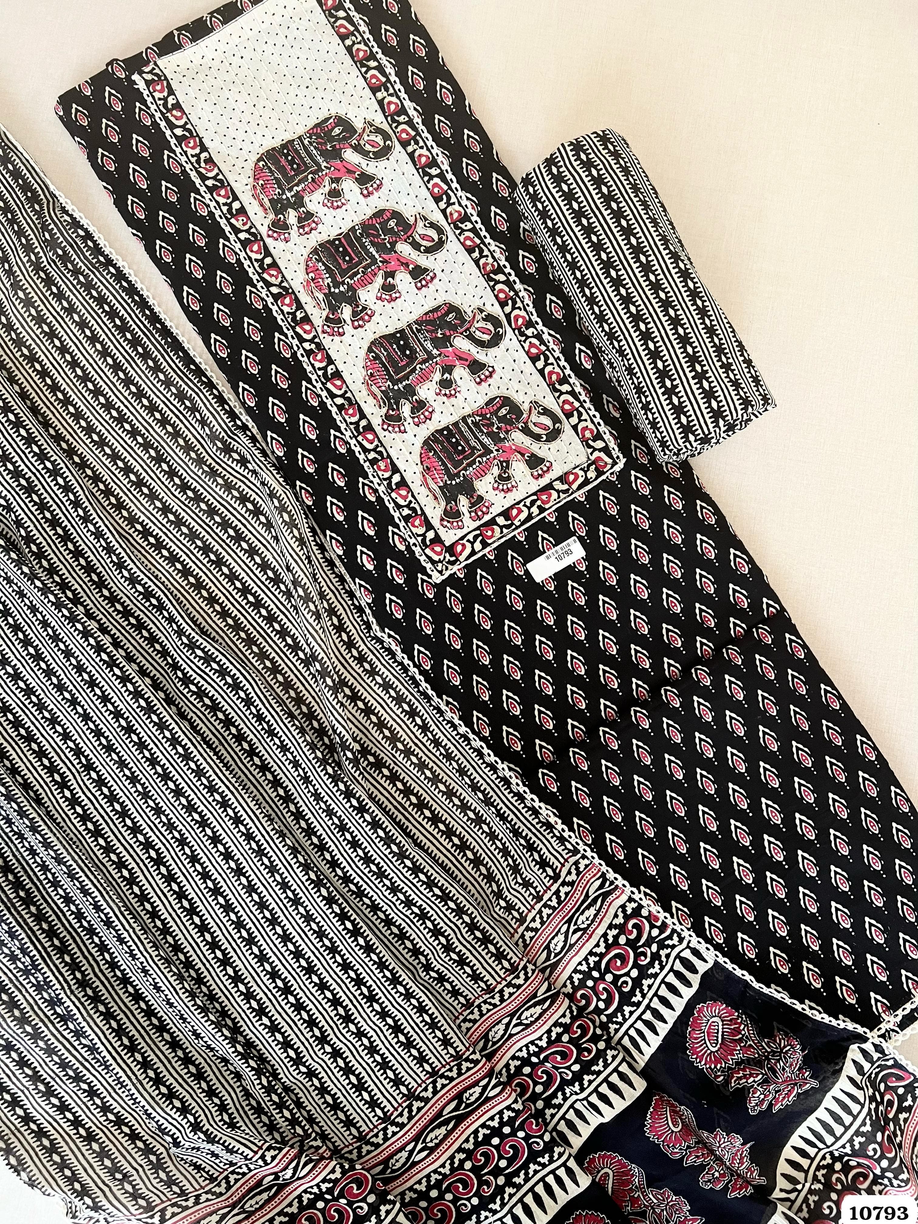 Black Cotton Jaipuri Printed Hand Embroidered -Set Of 3 {10793}