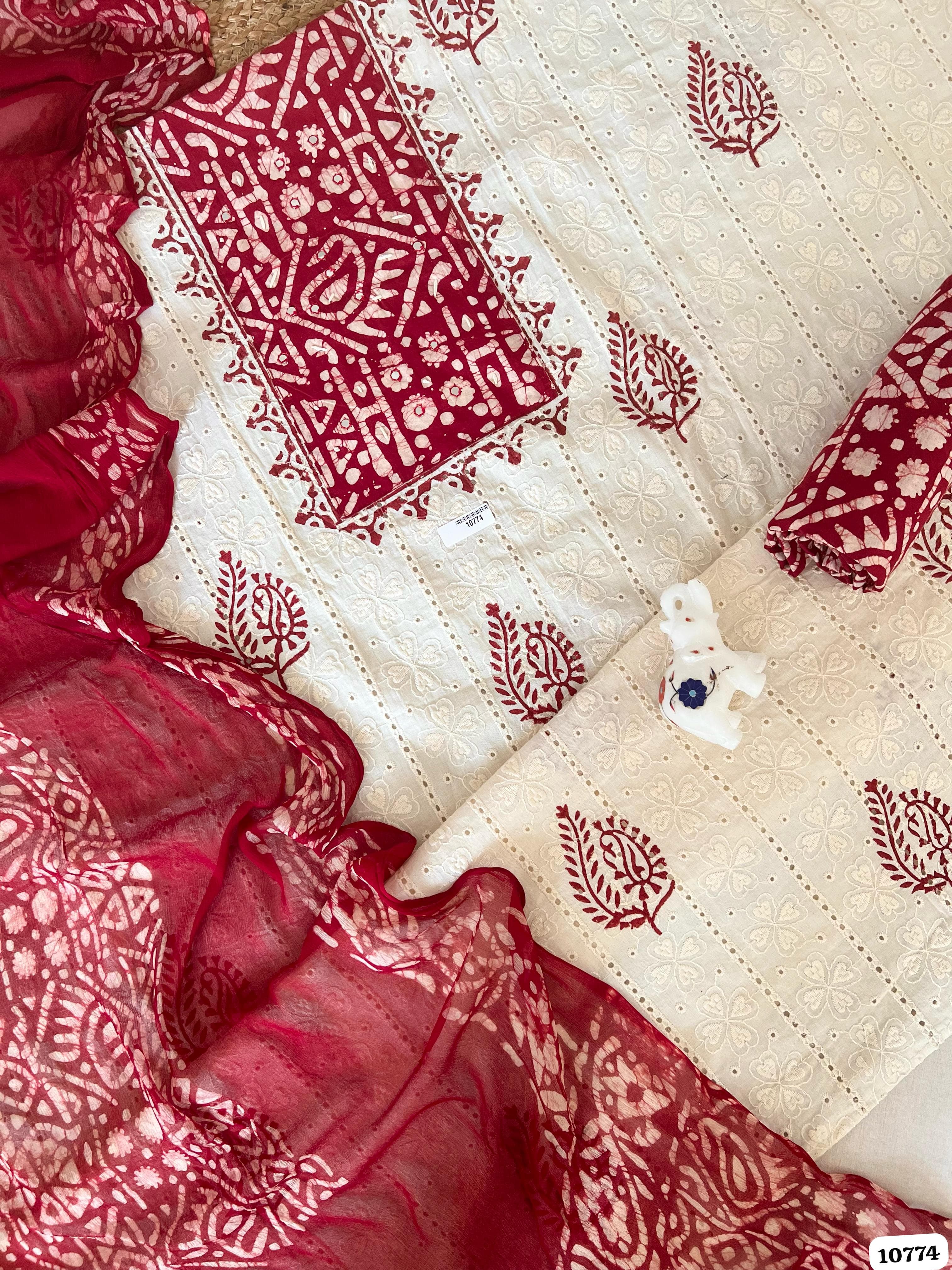 Red Cotton Unstitched Batik Prints -Set Of 3