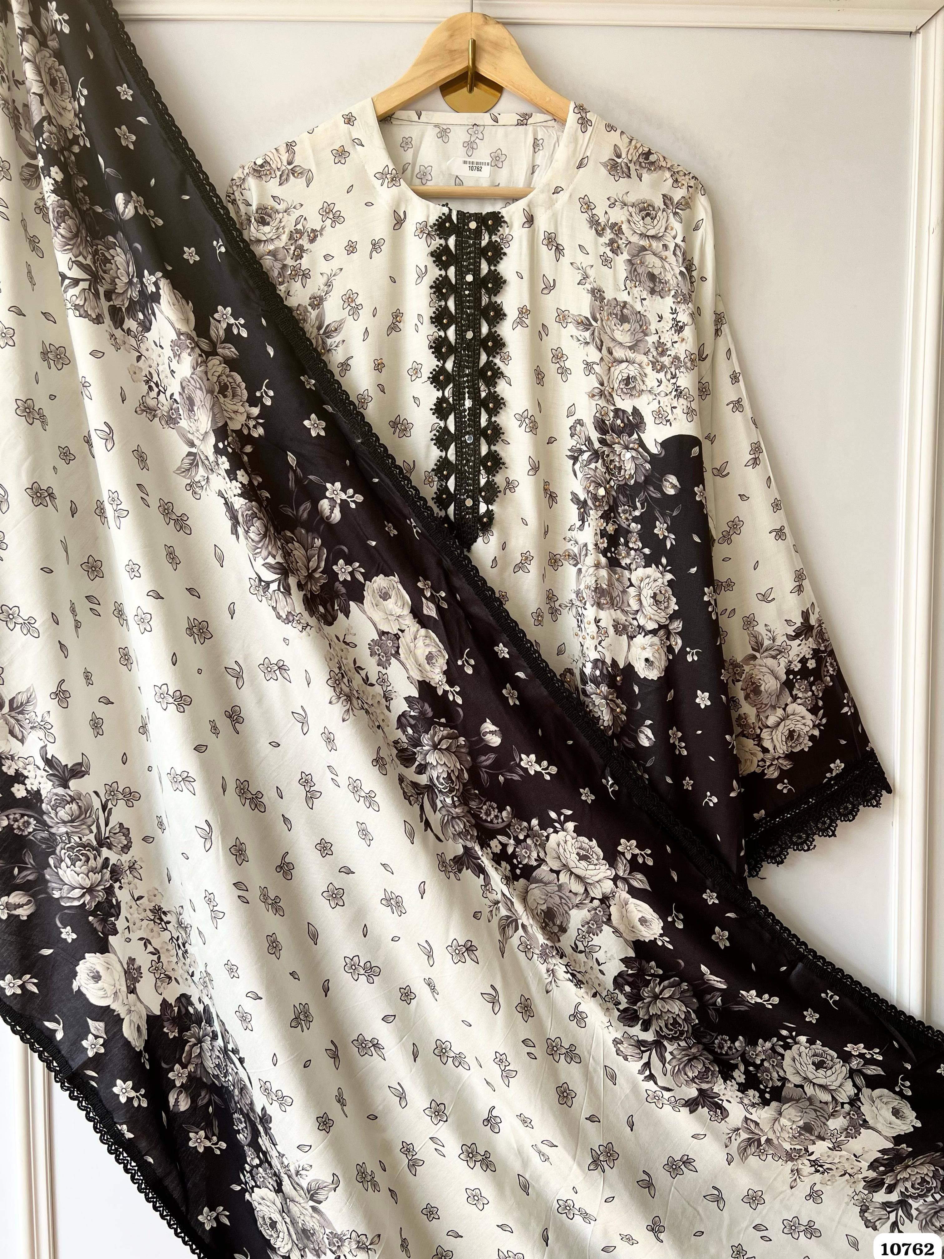 Black Muslin Semi Stitched Printed Mirror -Set Of 3