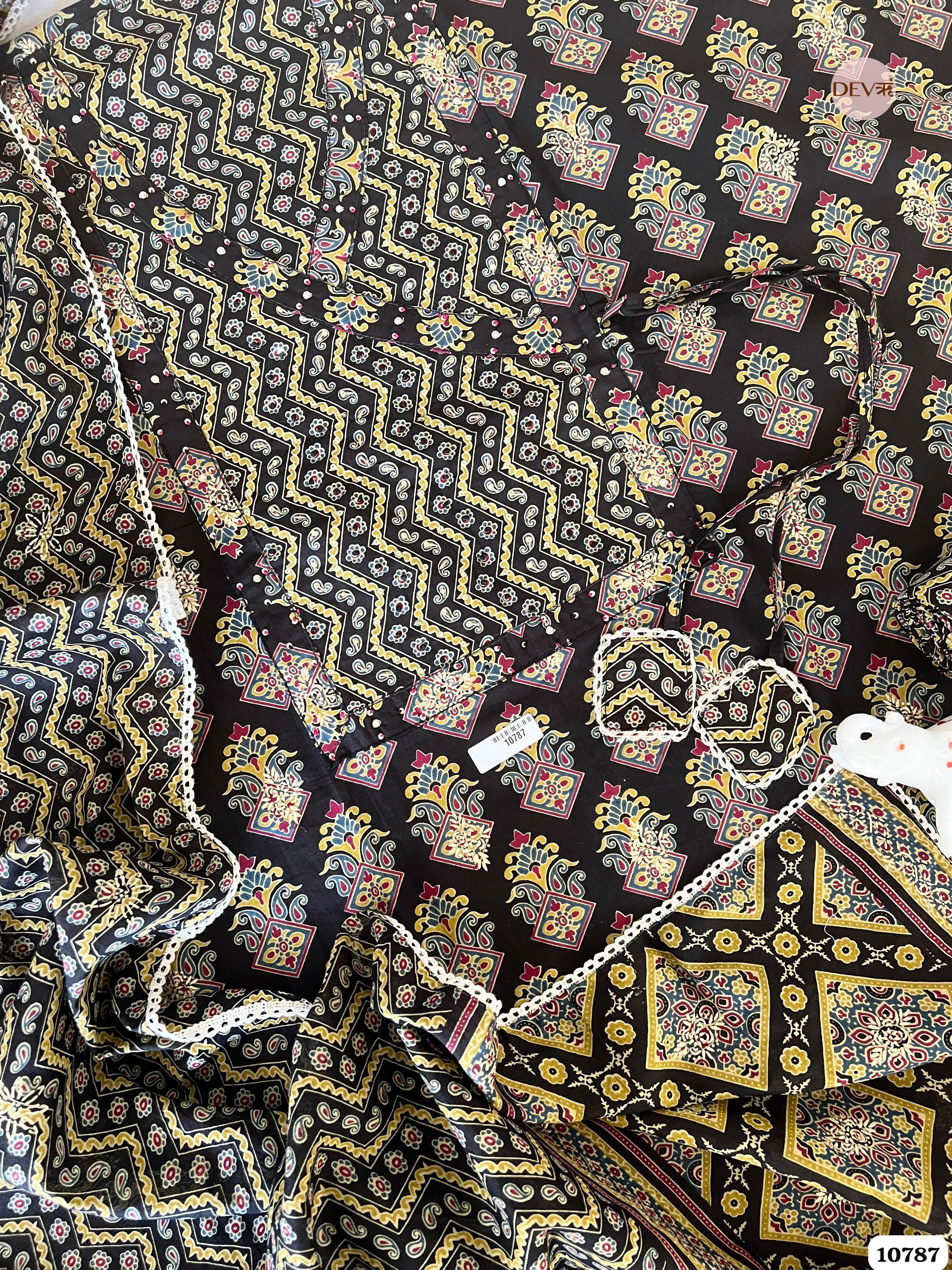 Black Cotton Unstitched Jaipuri Block Printed Hand Embroidered -Set Of 3 {10787}
