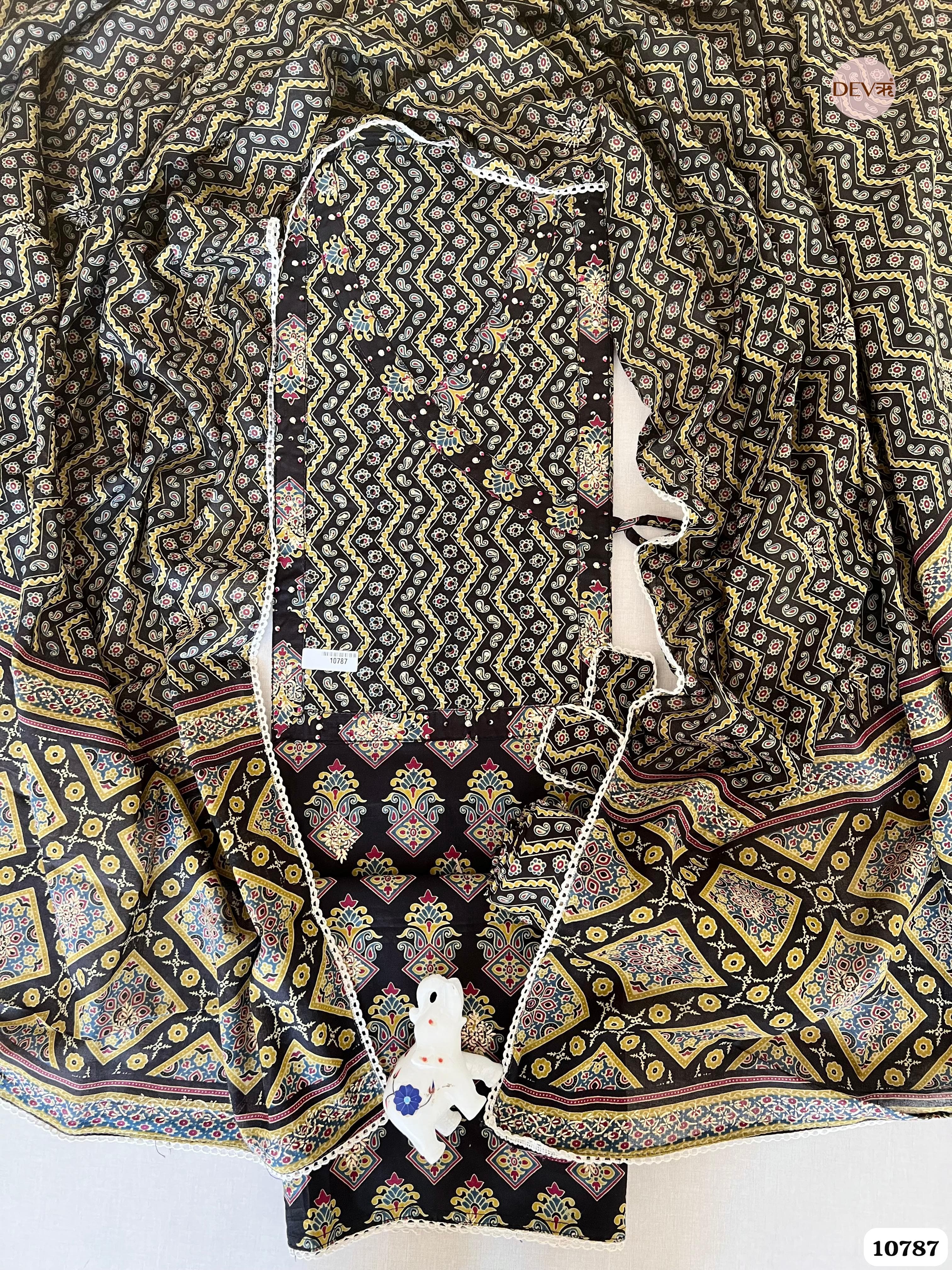 Black Cotton Unstitched Jaipuri Block Printed Hand Embroidered -Set Of 3 {10787}