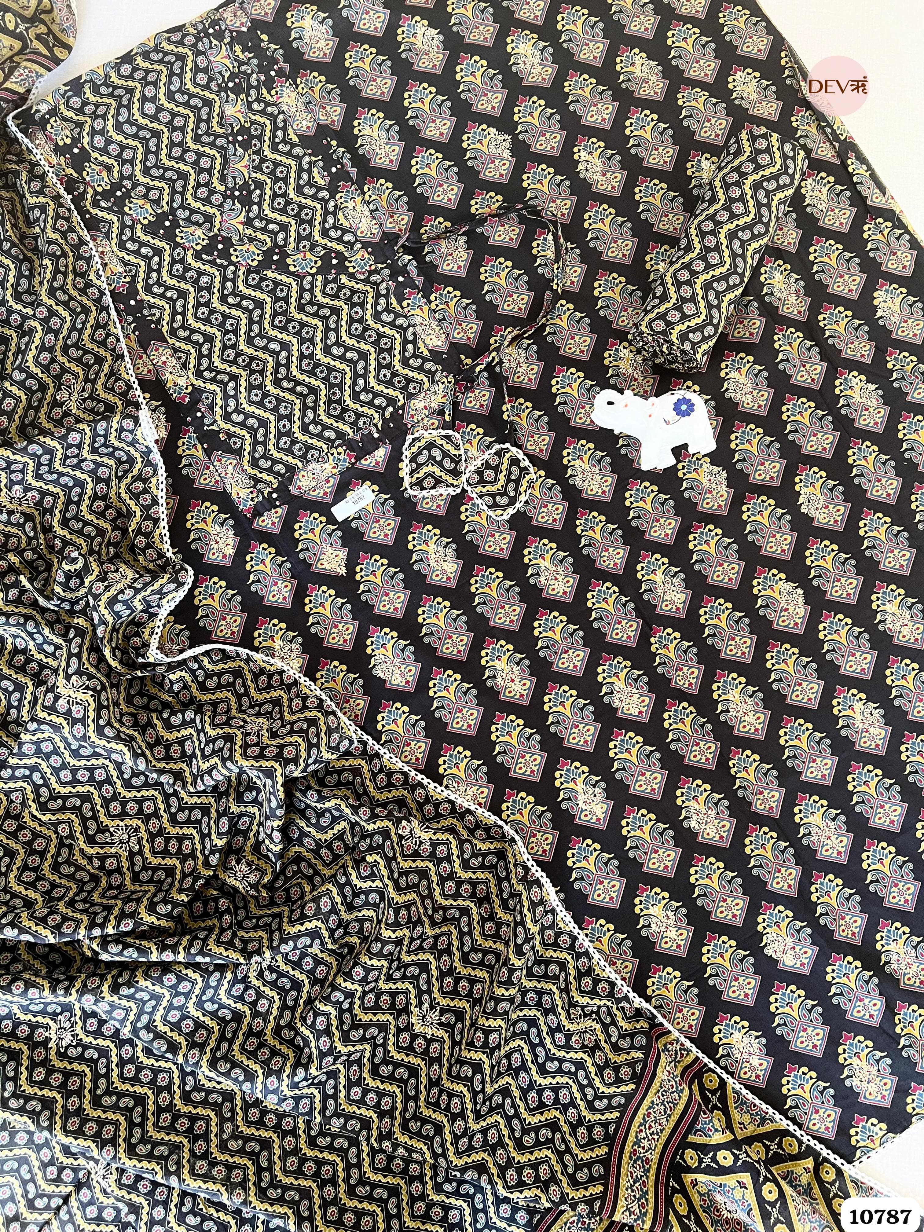 Black Cotton Unstitched Jaipuri Block Printed Hand Embroidered -Set Of 3 {10787}