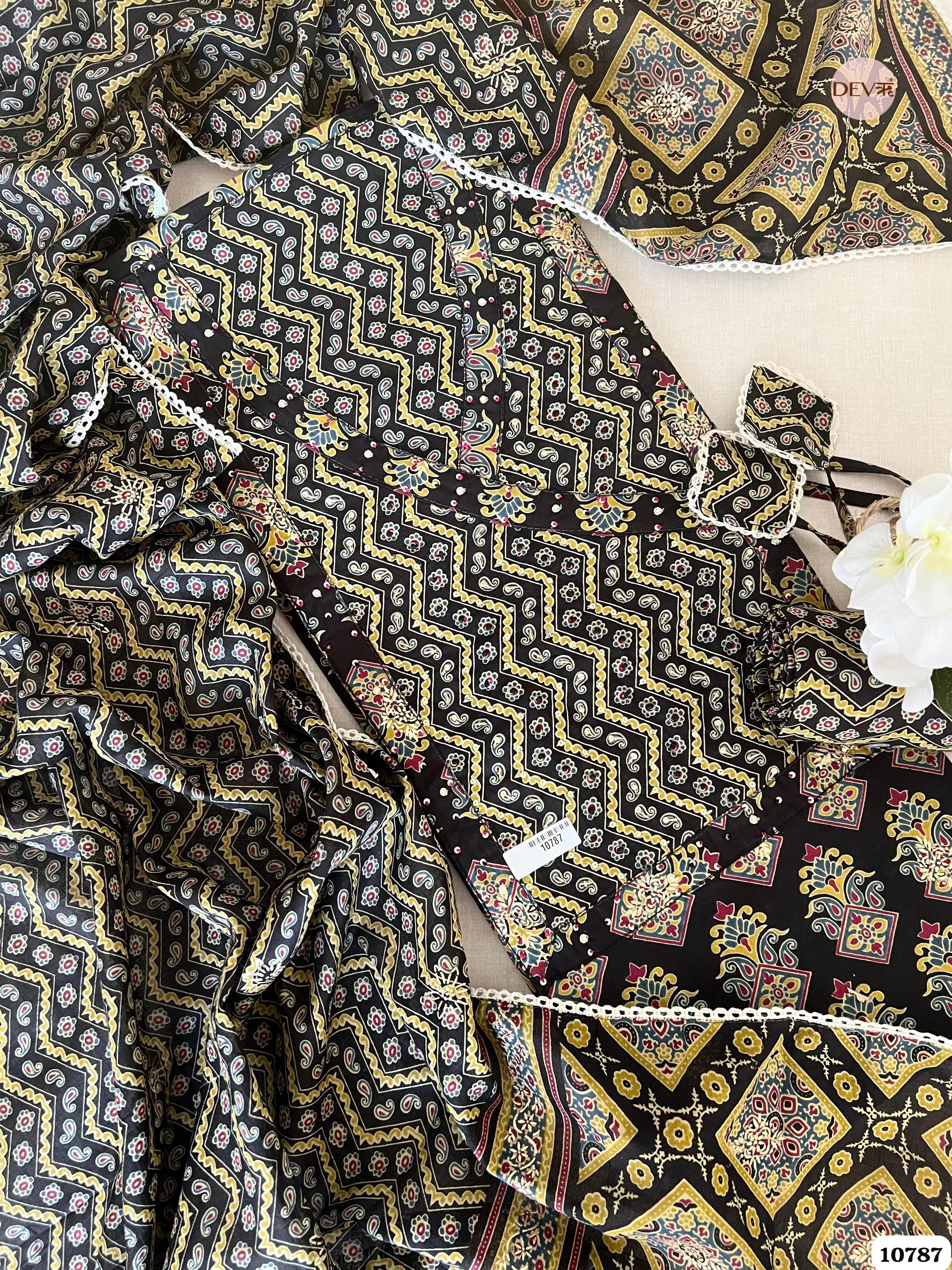 Black Cotton Unstitched Jaipuri Block Printed Hand Embroidered -Set Of 3 {10787}