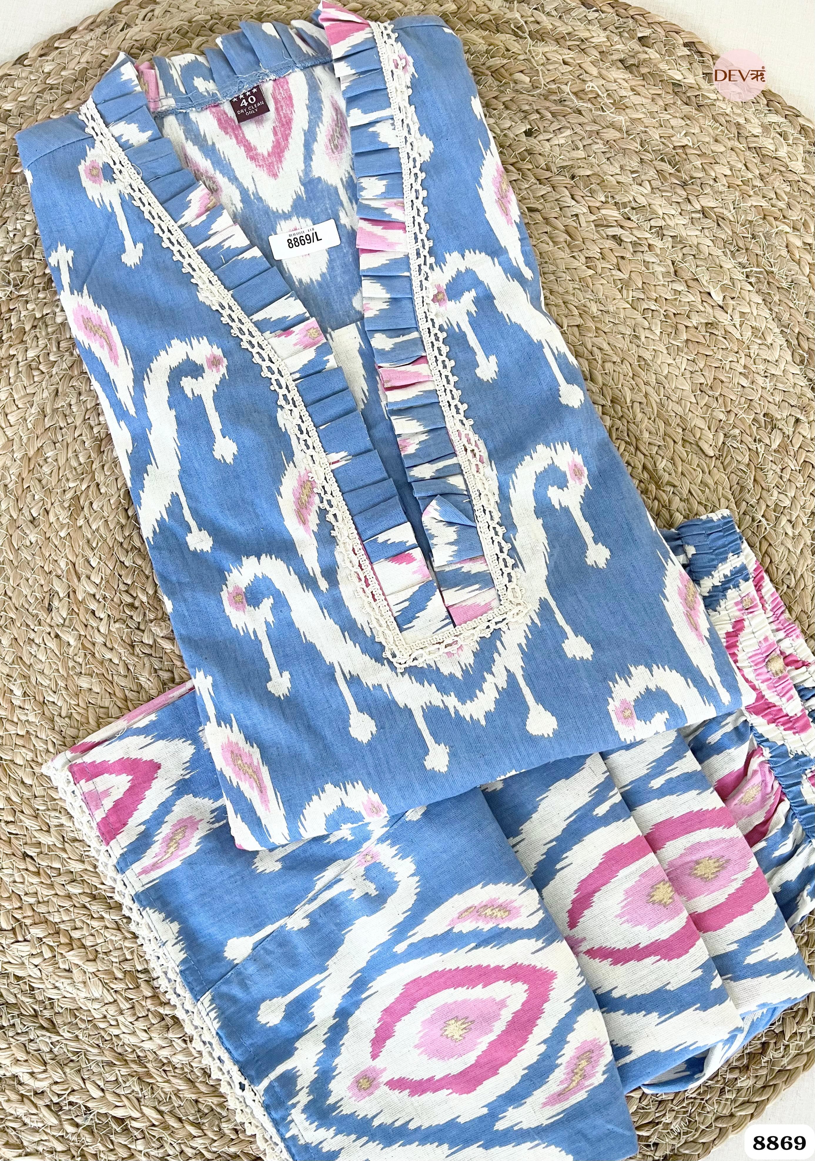 Blue Cotton Printed Ready Made Co-Ord -Set Of 2 {8869}