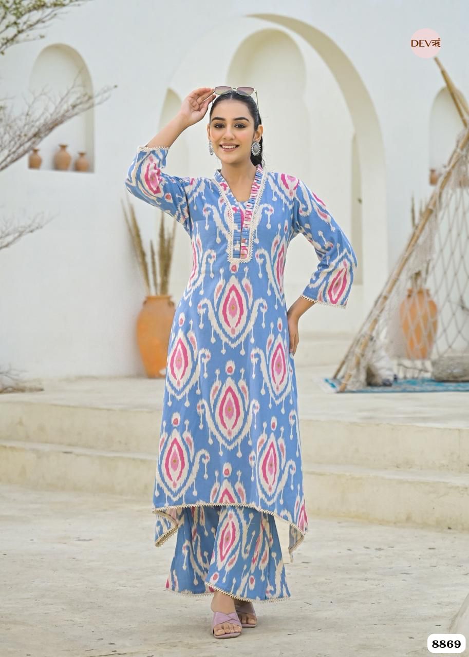 Blue Cotton Printed Ready Made Co-Ord -Set Of 2 {8869}