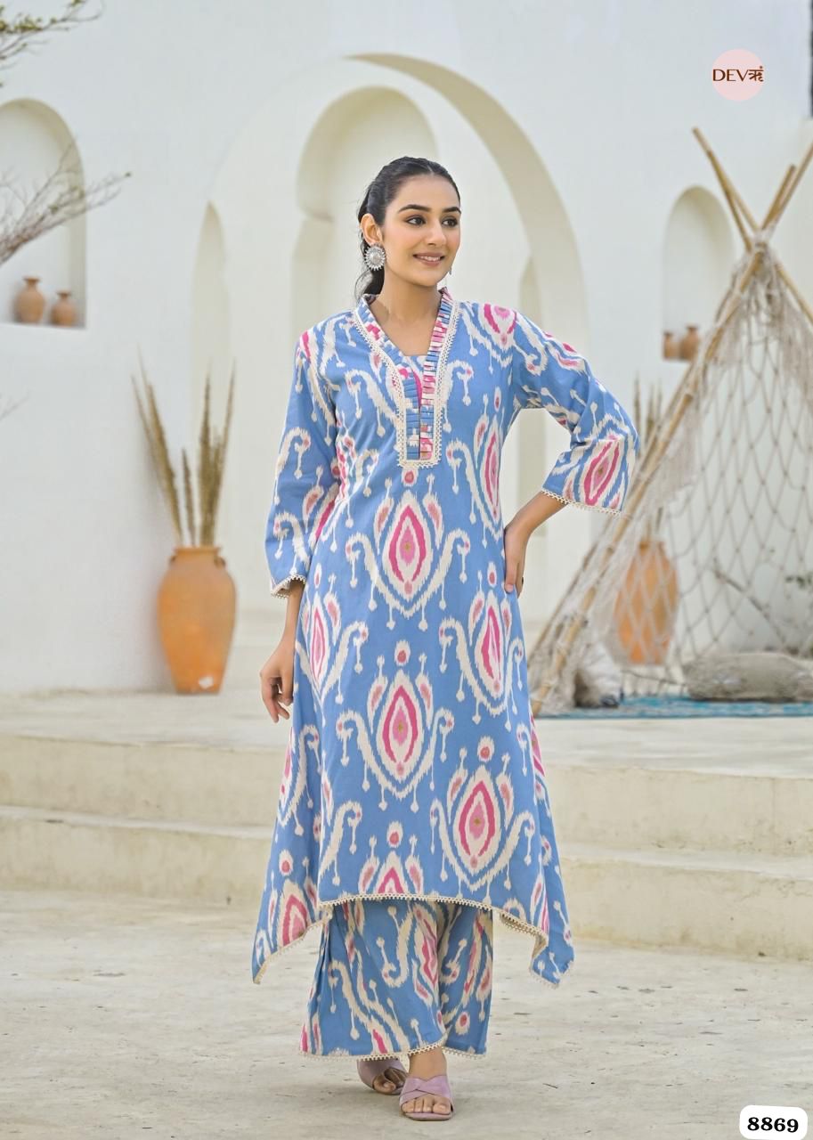 Blue Cotton Printed Ready Made Co-Ord -Set Of 2 {8869/M}
