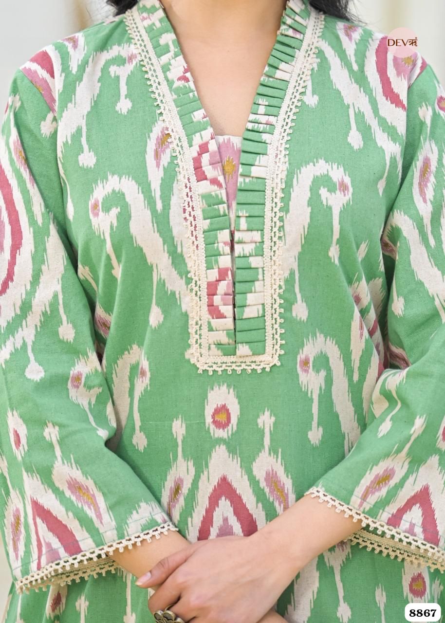 Green Cotton Printed Ready Made Co-Ord -Set Of 2 {8867}