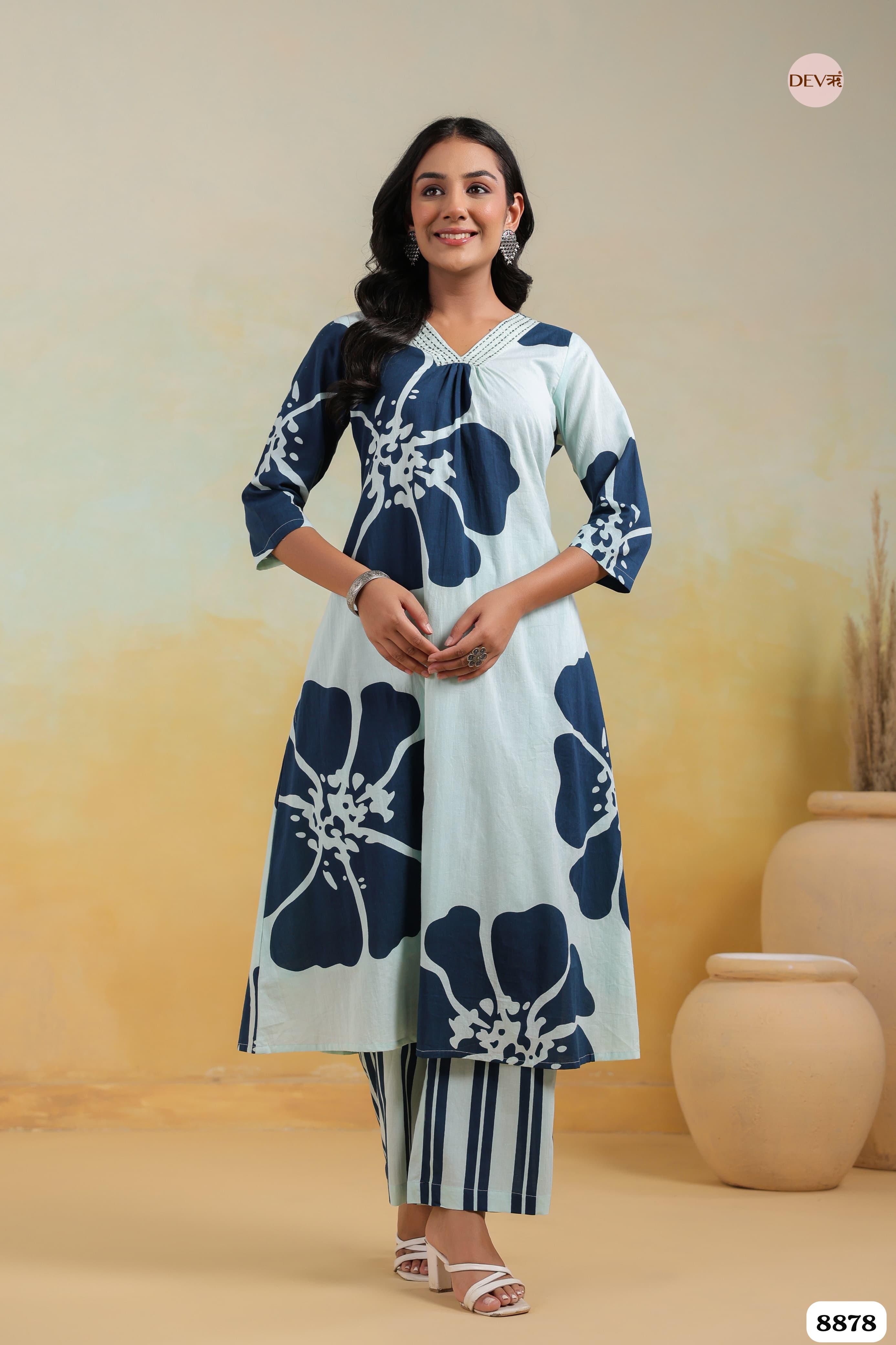 Blue Cotton Printed Elegant Neckline Co-Ord -Set Of 2 {8878}