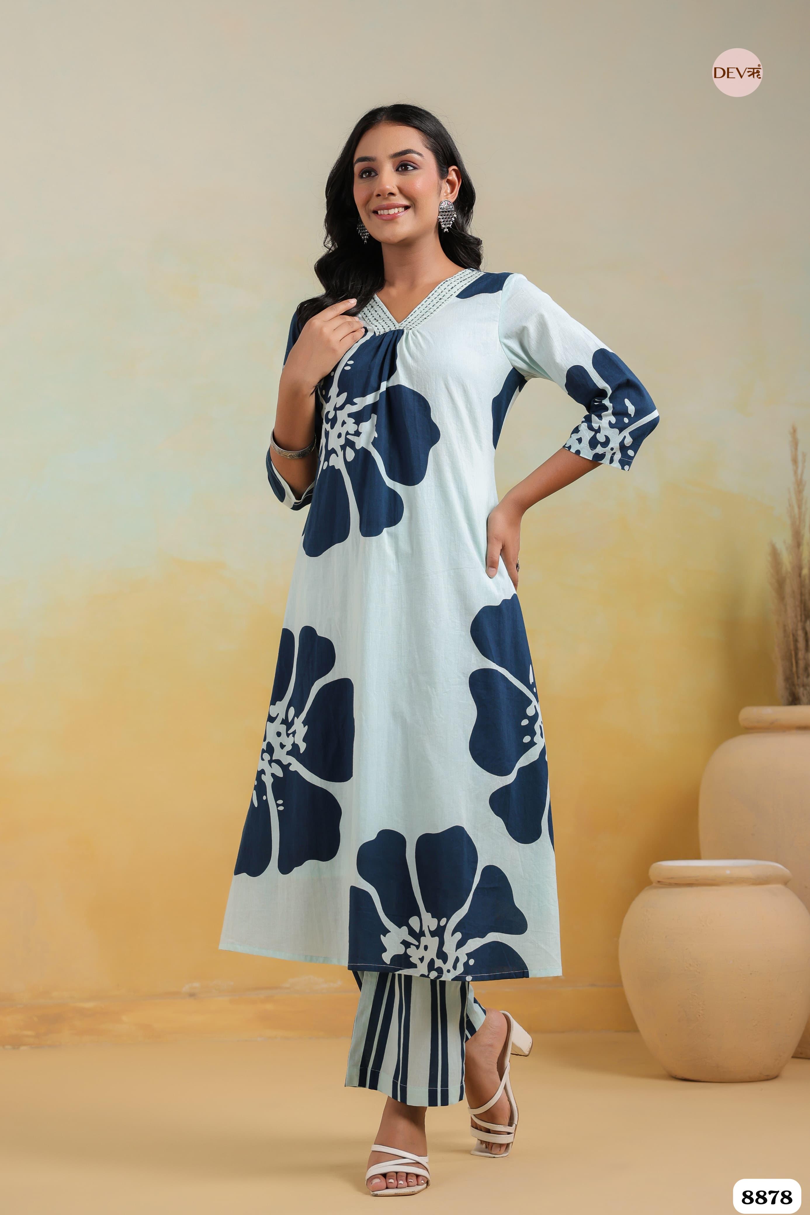 Blue Cotton Printed Elegant Neckline Co-Ord -Set Of 2 {8878}