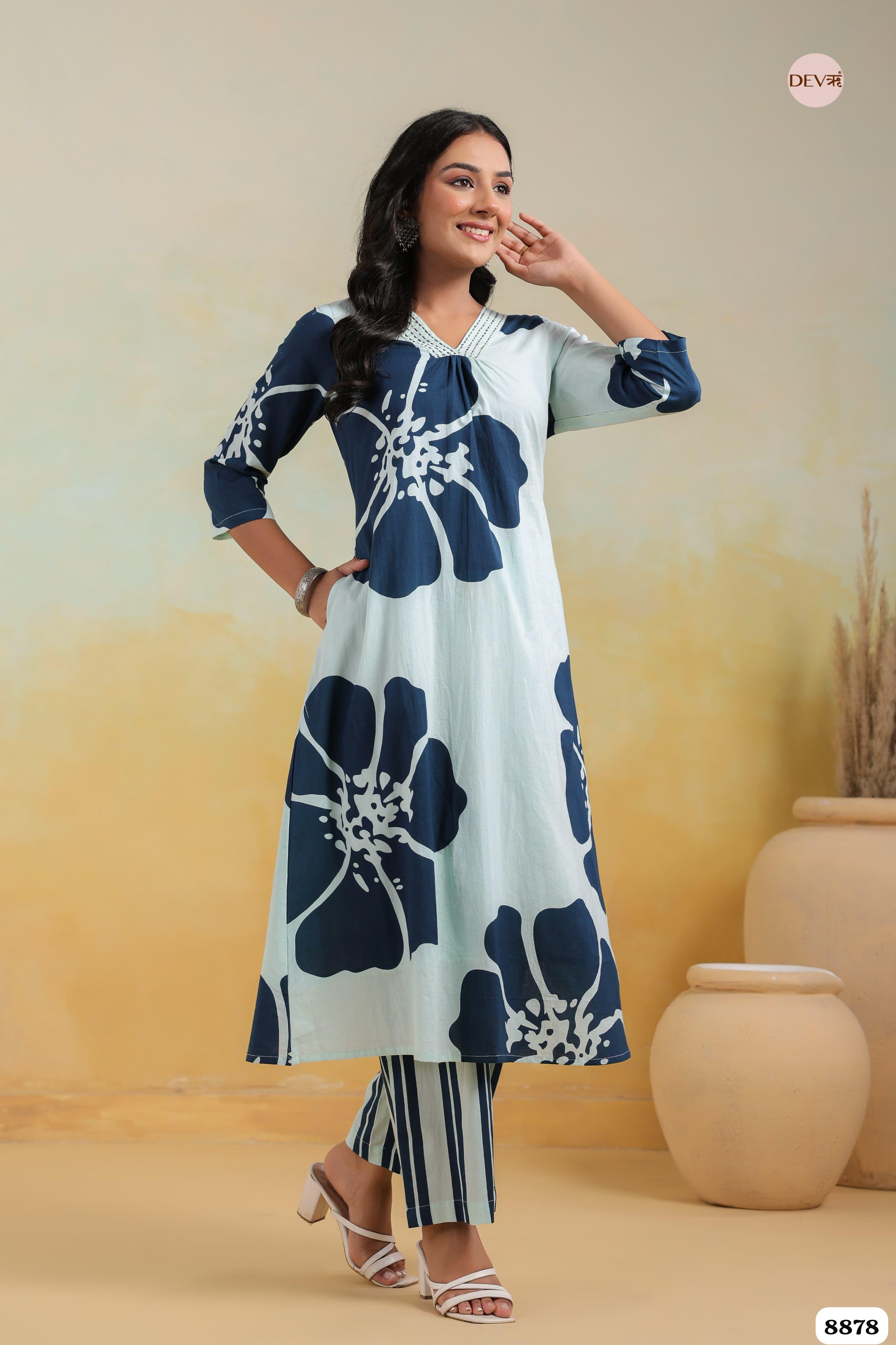 Blue Cotton Printed Elegant Neckline Co-Ord -Set Of 2 {8878}