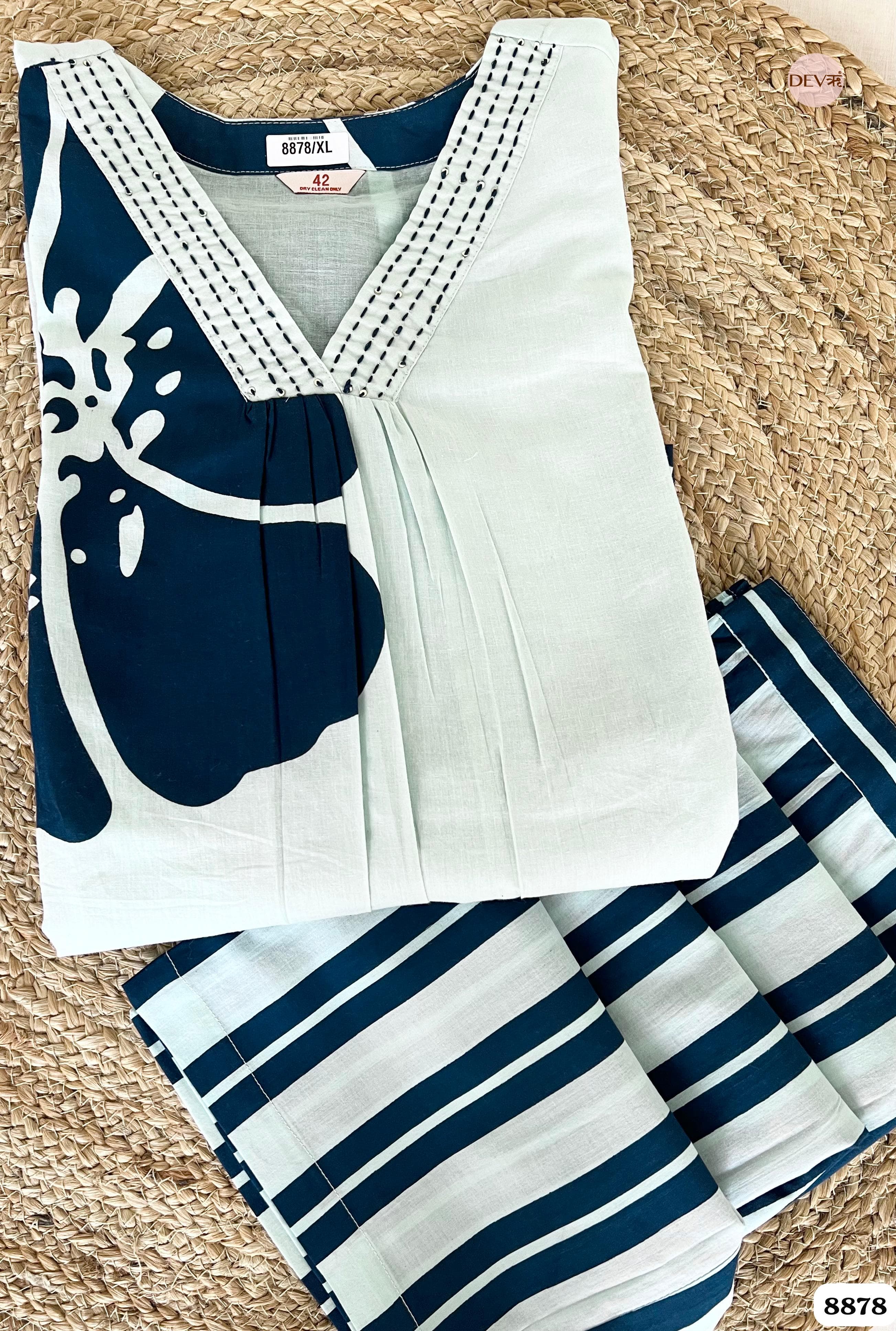 Blue Cotton Printed Elegant Neckline Co-Ord -Set Of 2 {8878}