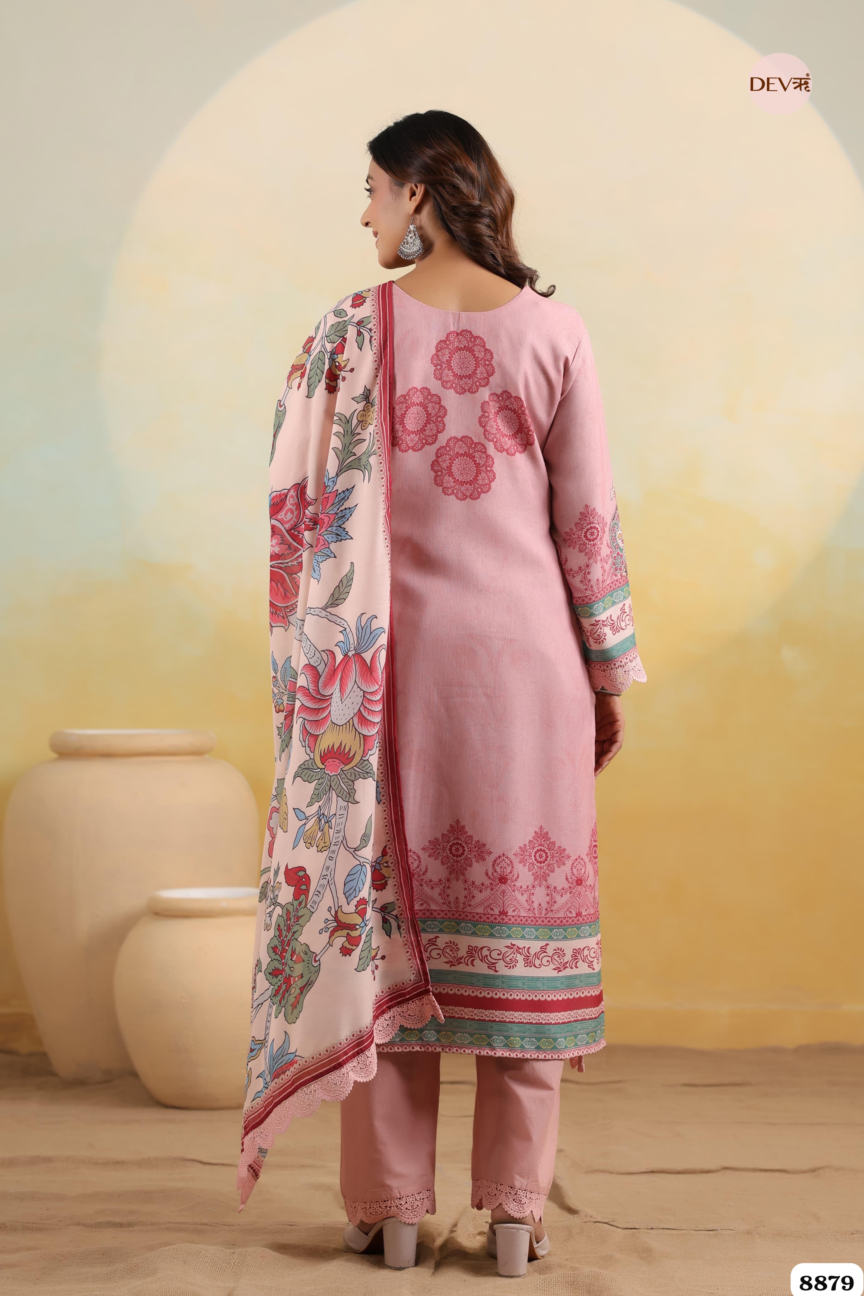 Pink Cotton Printed Hand Emroidered -Set Of 3 {8879}