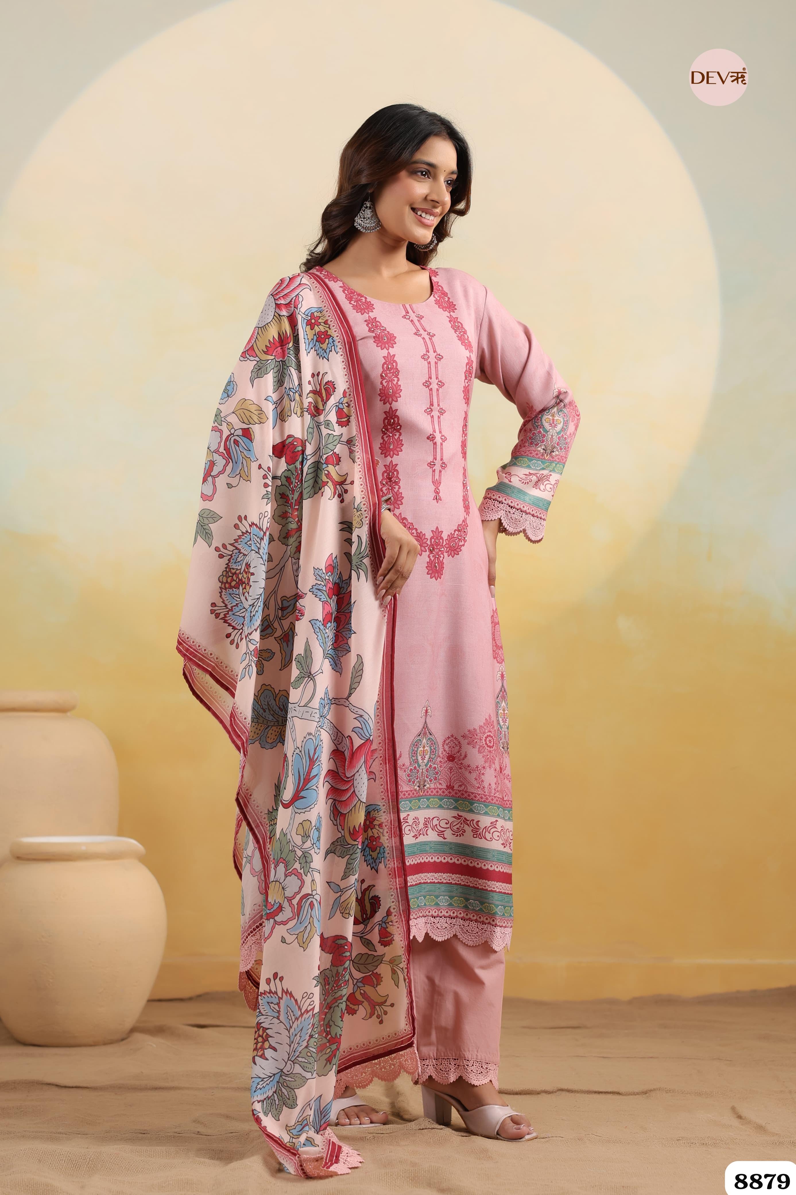 Pink Cotton Printed Hand Emroidered -Set Of 3 {8879}