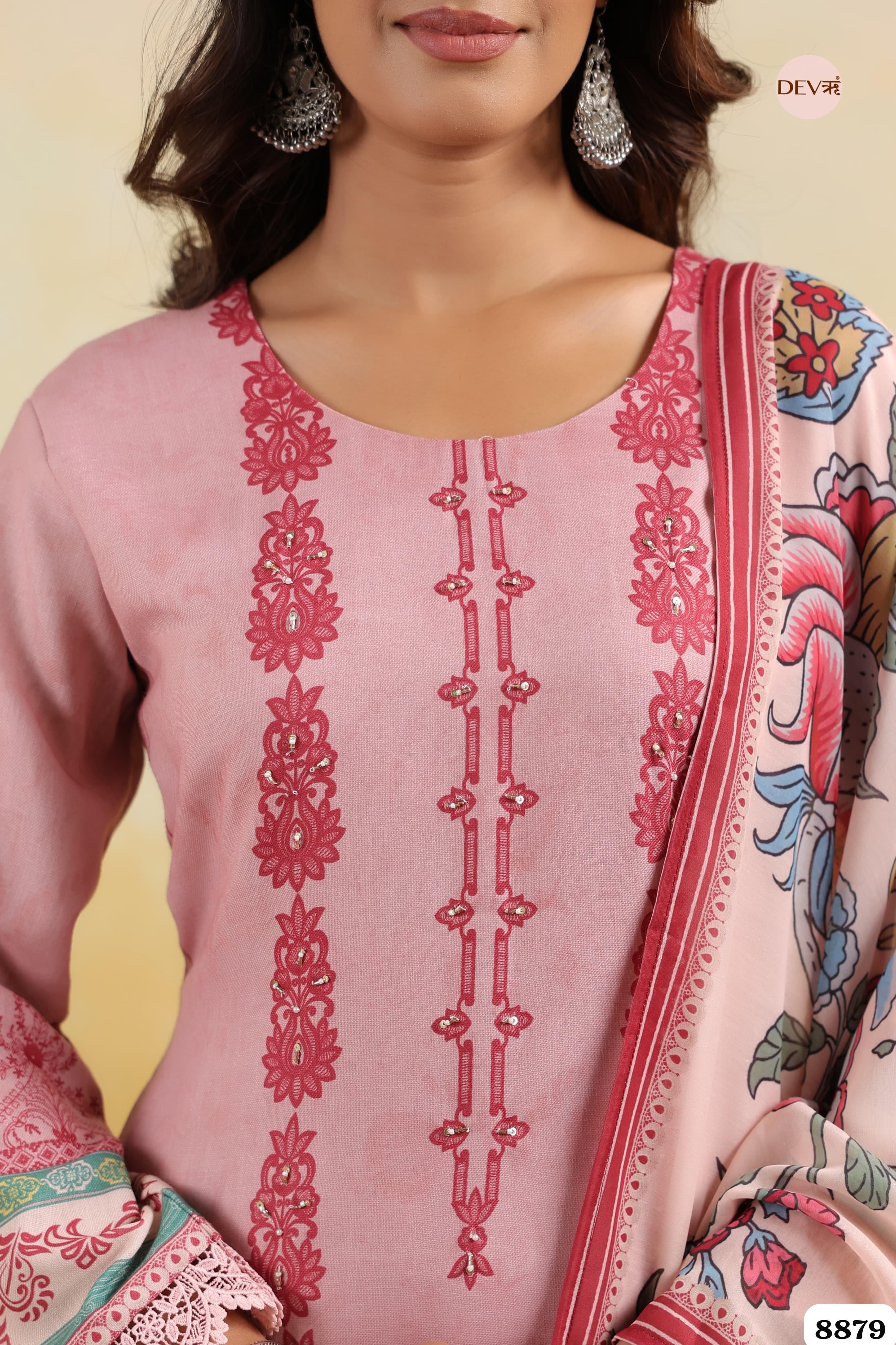 Pink Cotton Printed Hand Emroidered -Set Of 3 {8879}