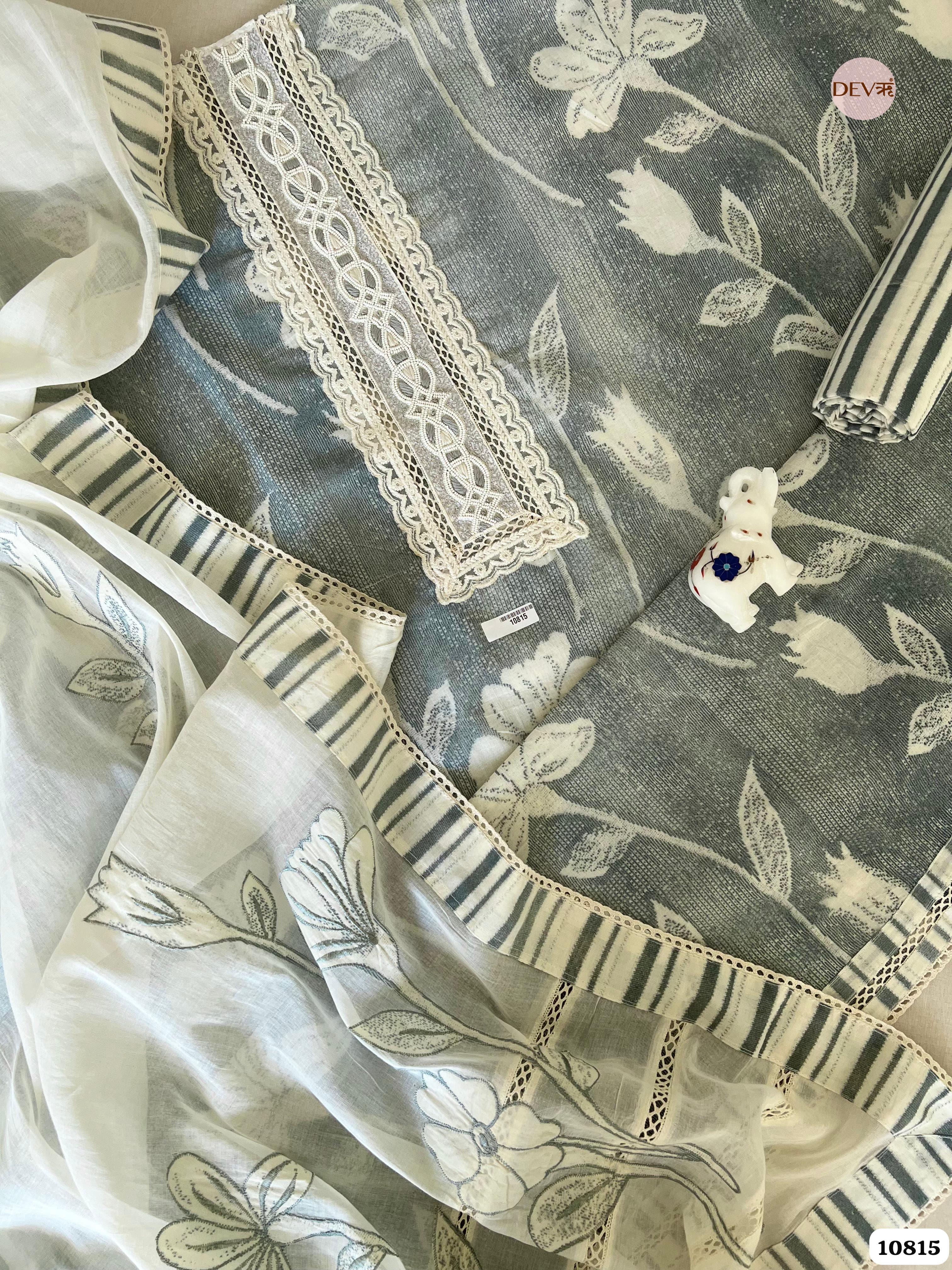 Silver Cotton Unstitched Printed Embroidered -Set Of 3 {10815}