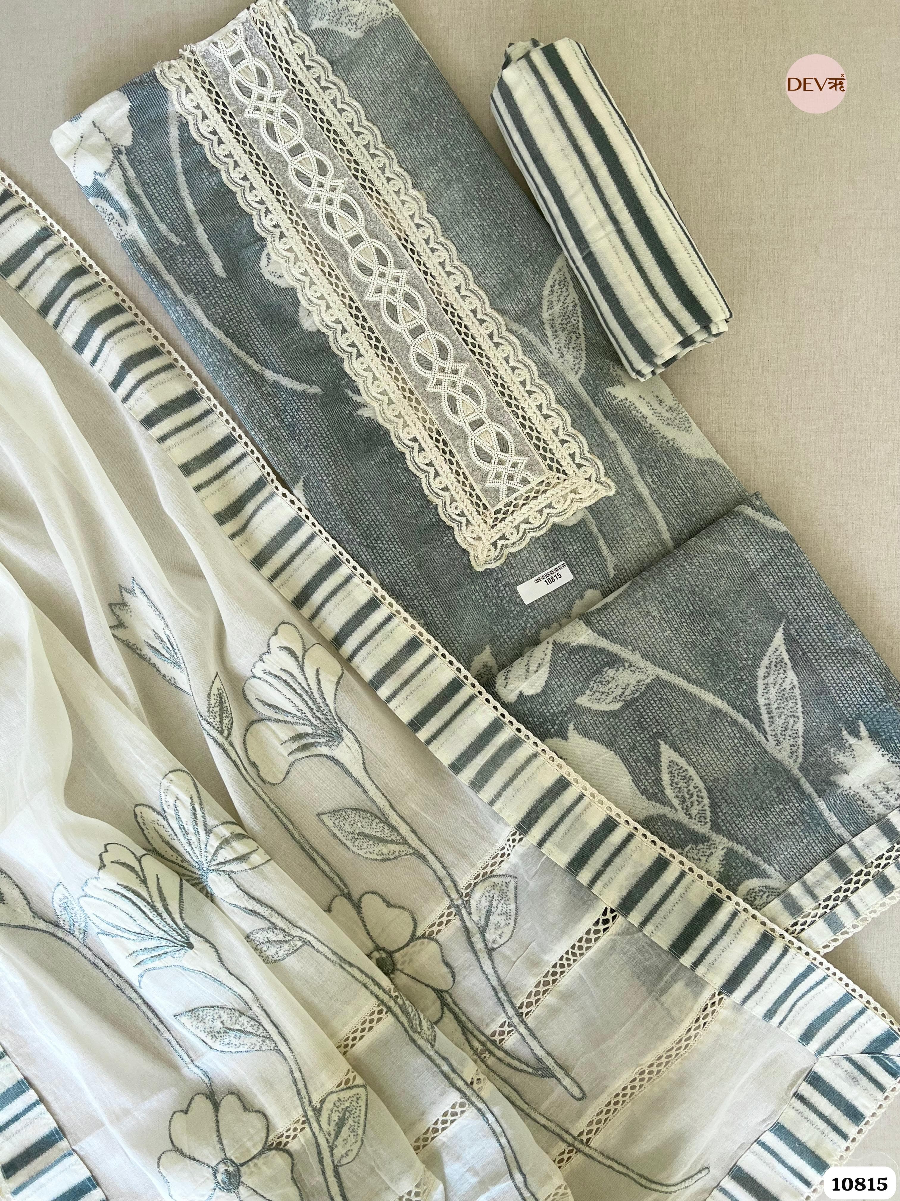 Silver Cotton Unstitched Printed Embroidered -Set Of 3 {10815}