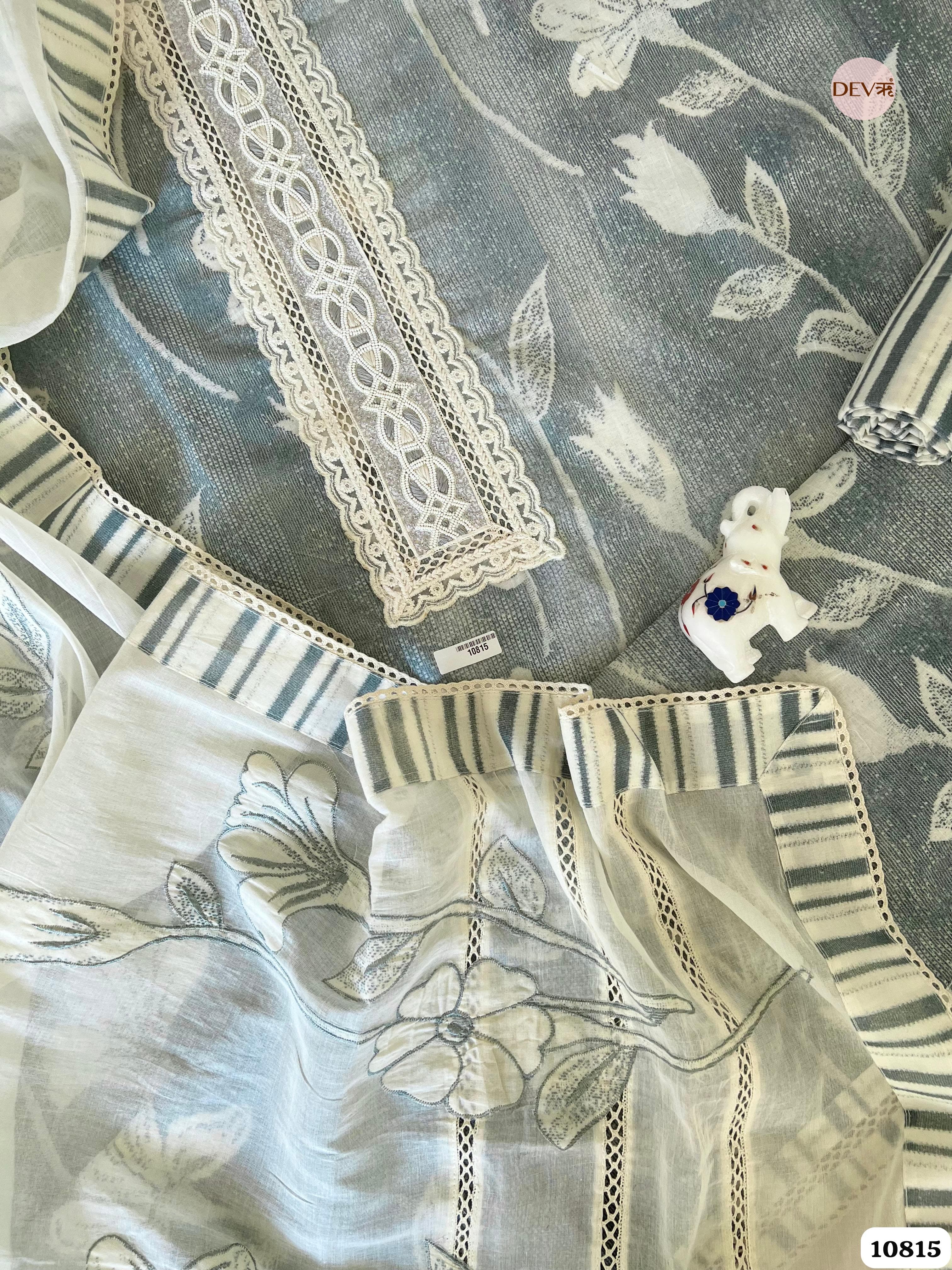 Silver Cotton Unstitched Printed Embroidered -Set Of 3 {10815}