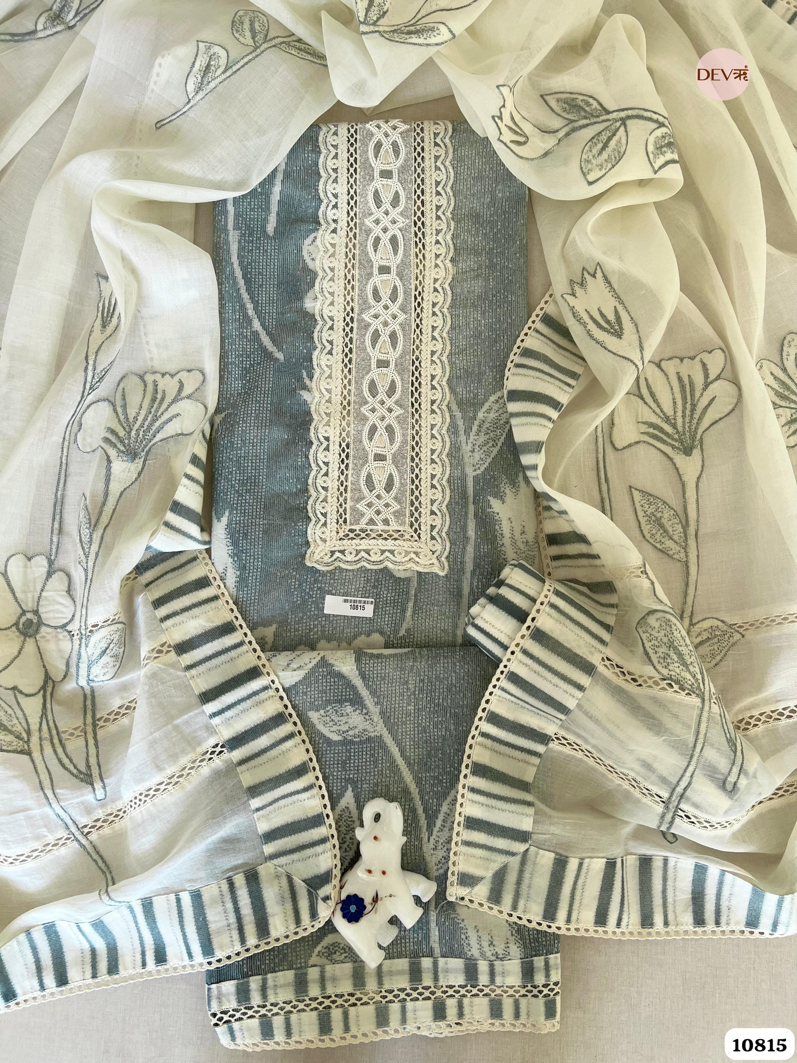Silver Cotton Unstitched Printed Embroidered -Set Of 3 {10815}
