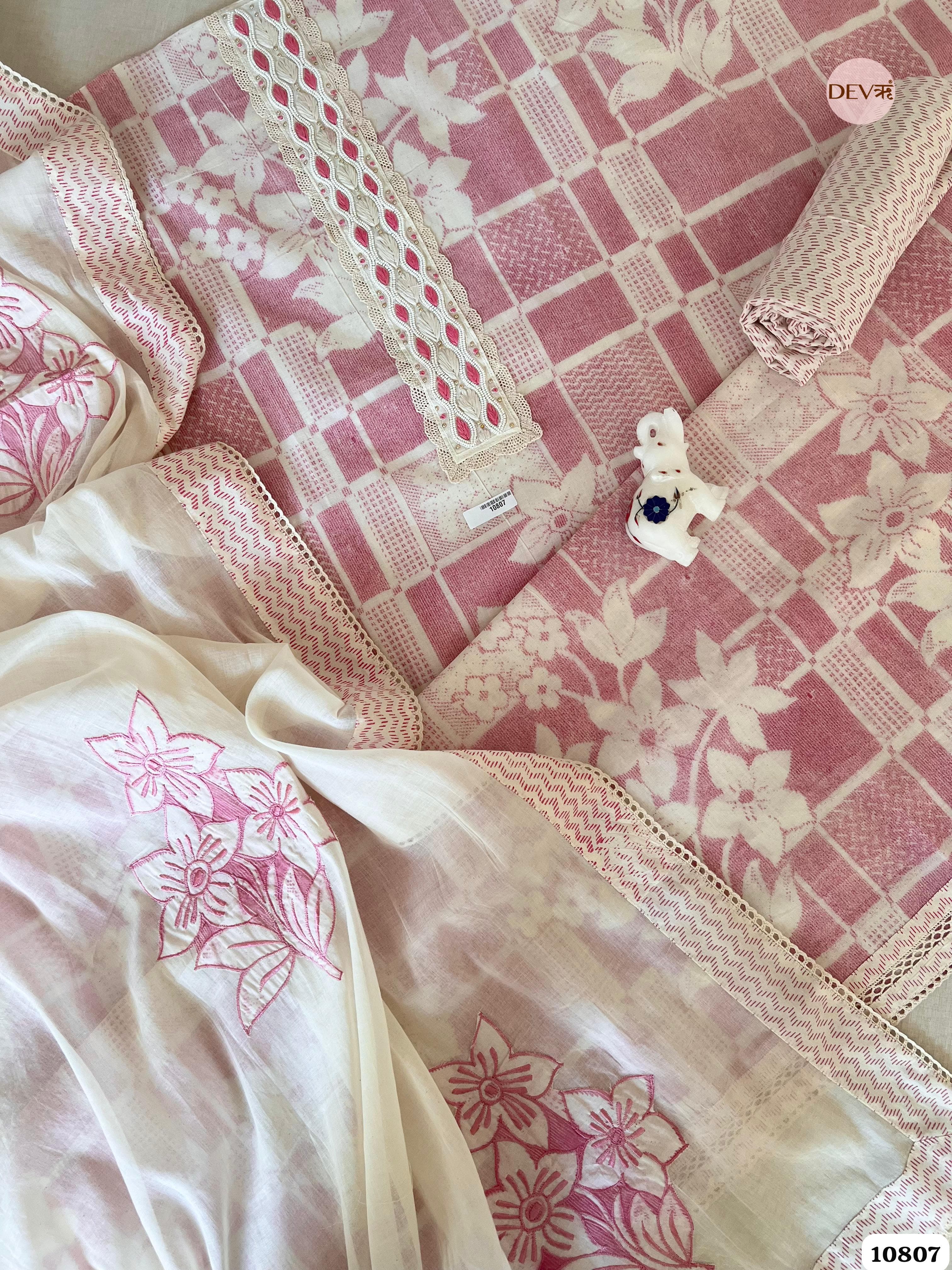 Pink Cotton Unstitched Printed Embroidered -Set Of 3 {10807}