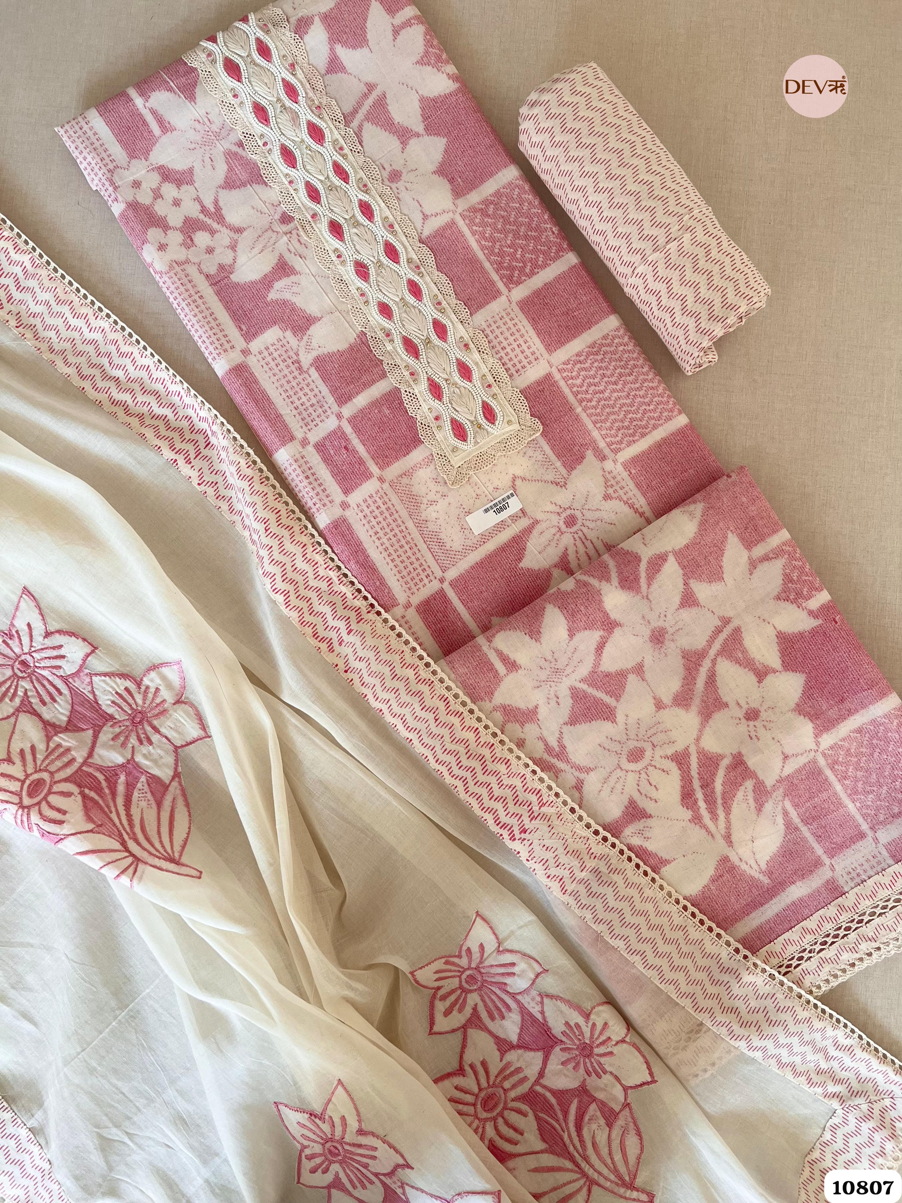 Pink Cotton Unstitched Printed Embroidered -Set Of 3 {10807}
