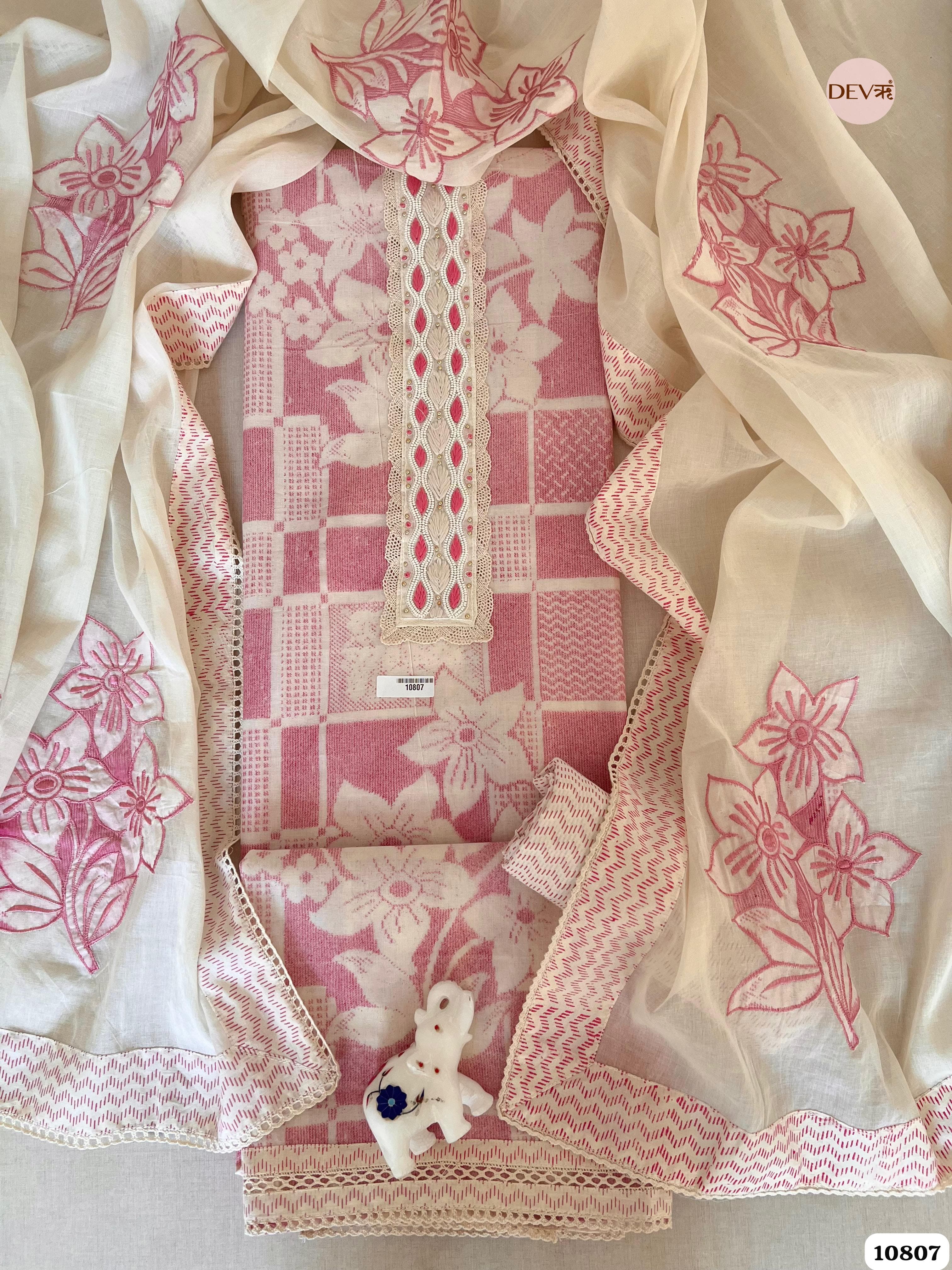 Pink Cotton Unstitched Printed Embroidered -Set Of 3 {10807}