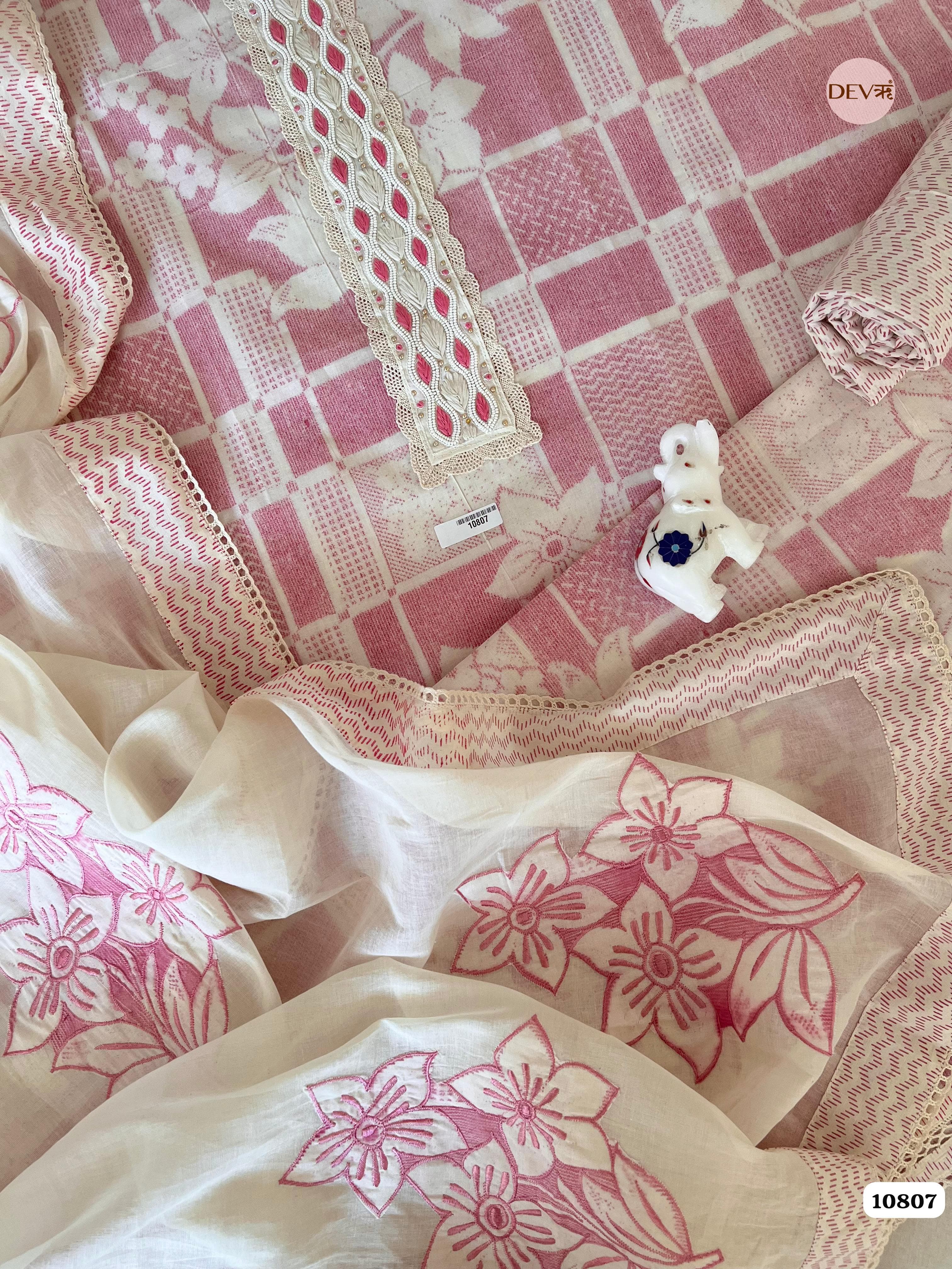 Pink Cotton Unstitched Printed Embroidered -Set Of 3 {10807}