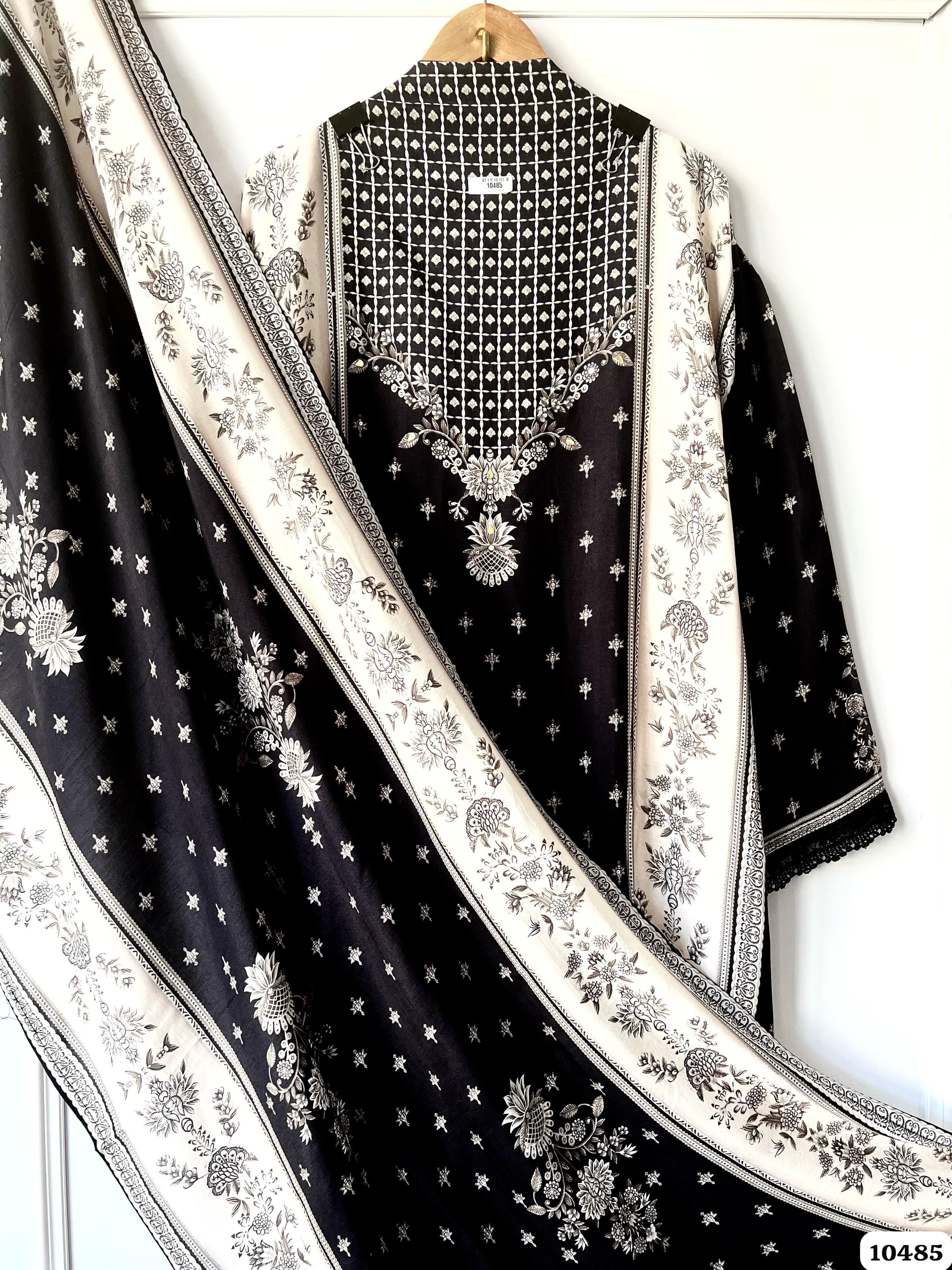 Black Muslin Semi Stitched Printed Hand Highlighted -Set Of 3 {10485}