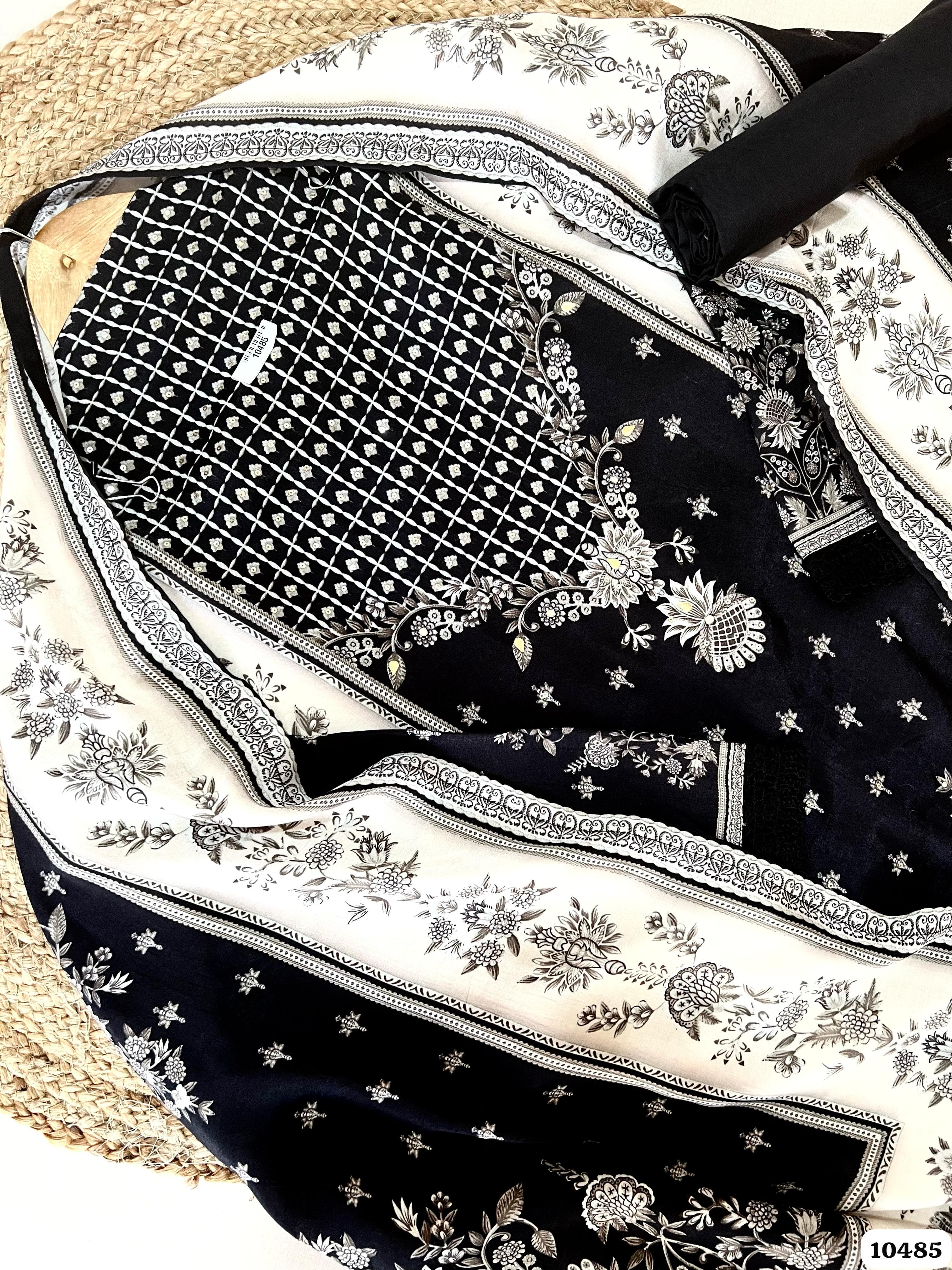 Black Muslin Semi Stitched Printed Hand Highlighted -Set Of 3 {10485}