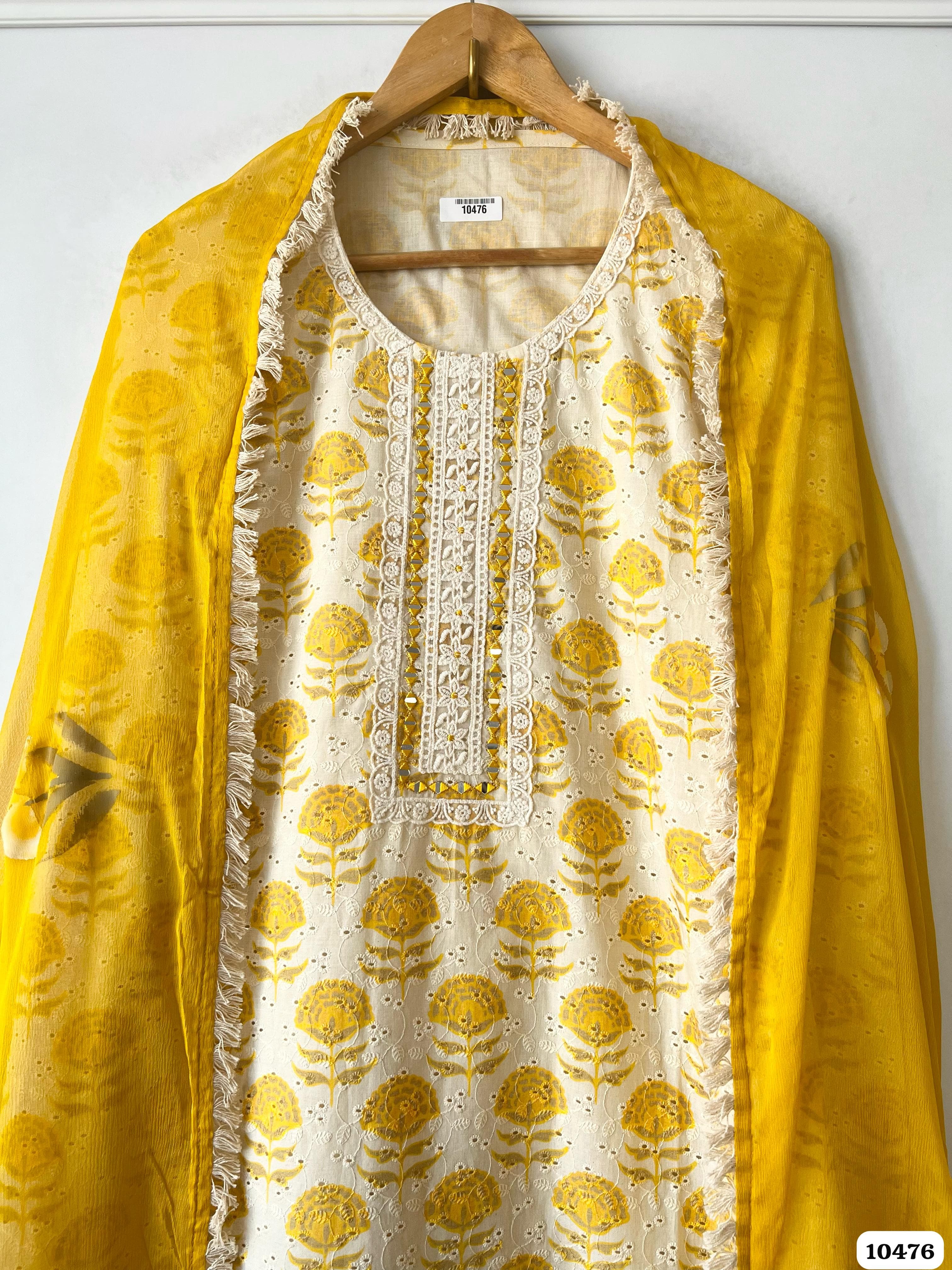 Yellow Cotton Unstitched Printed Embroidered -Set Of 3 {10476}