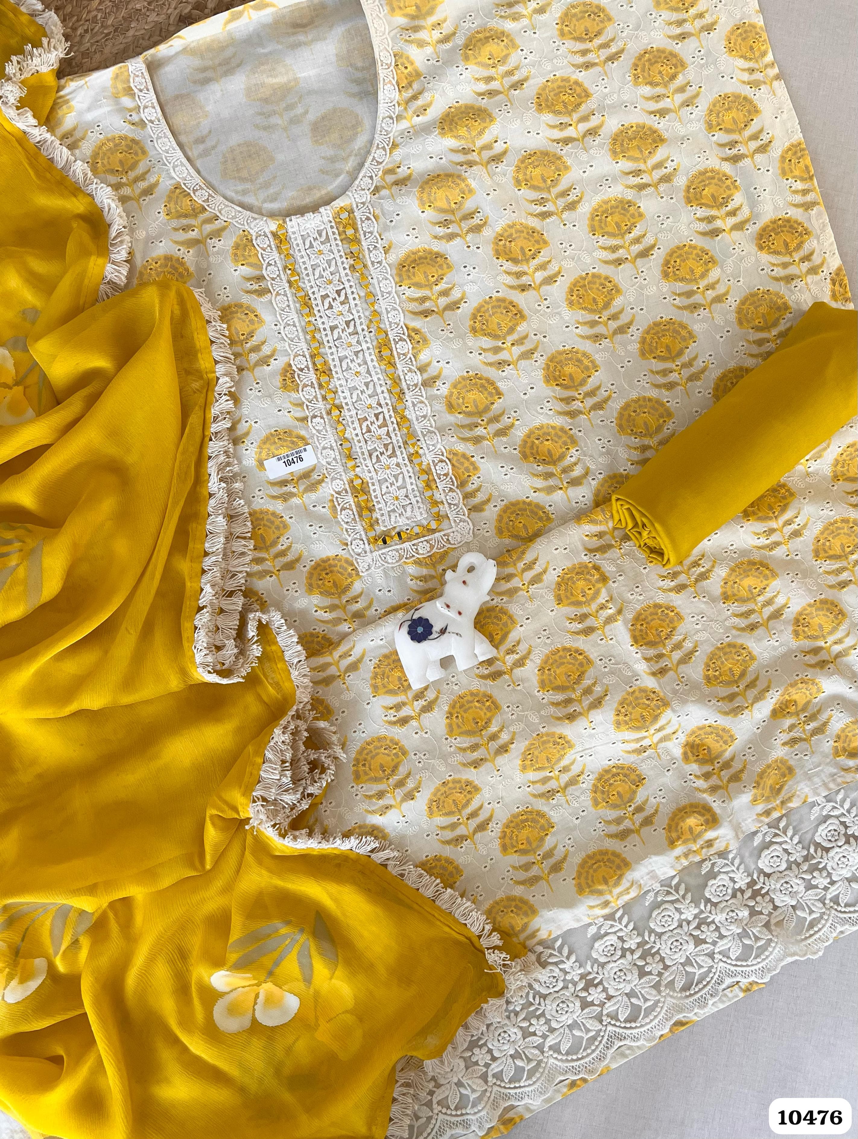 Yellow Cotton Unstitched Printed Embroidered -Set Of 3 {10476}