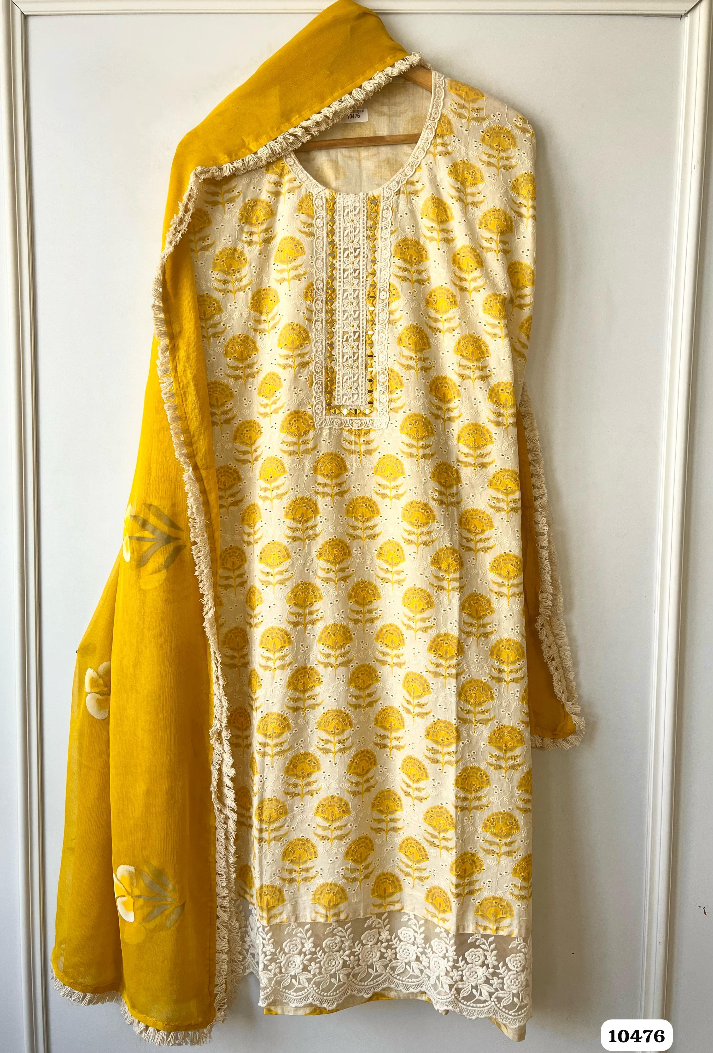 Yellow Cotton Unstitched Printed Embroidered -Set Of 3 {10476}