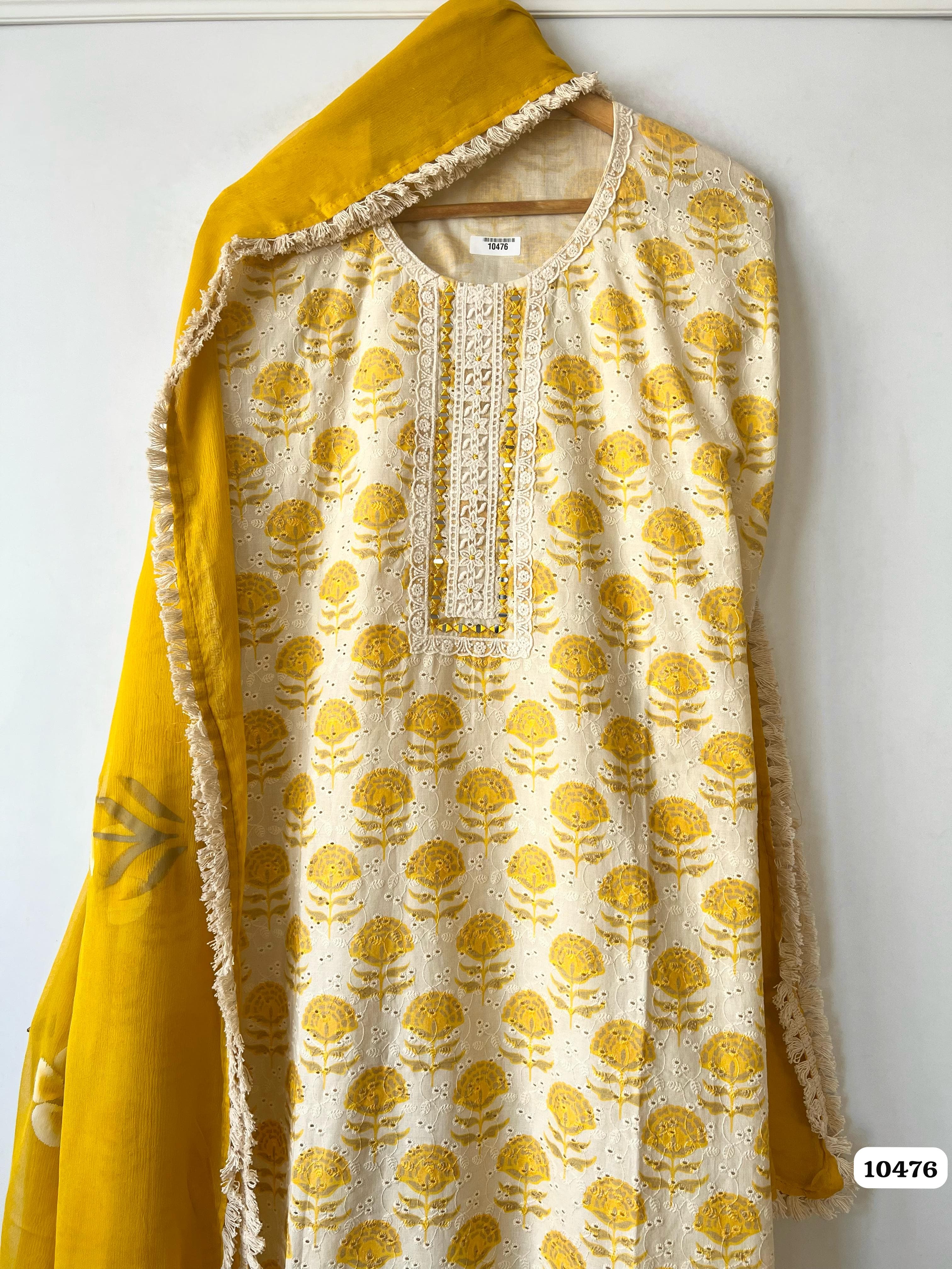 Yellow Cotton Unstitched Printed Embroidered -Set Of 3 {10476}