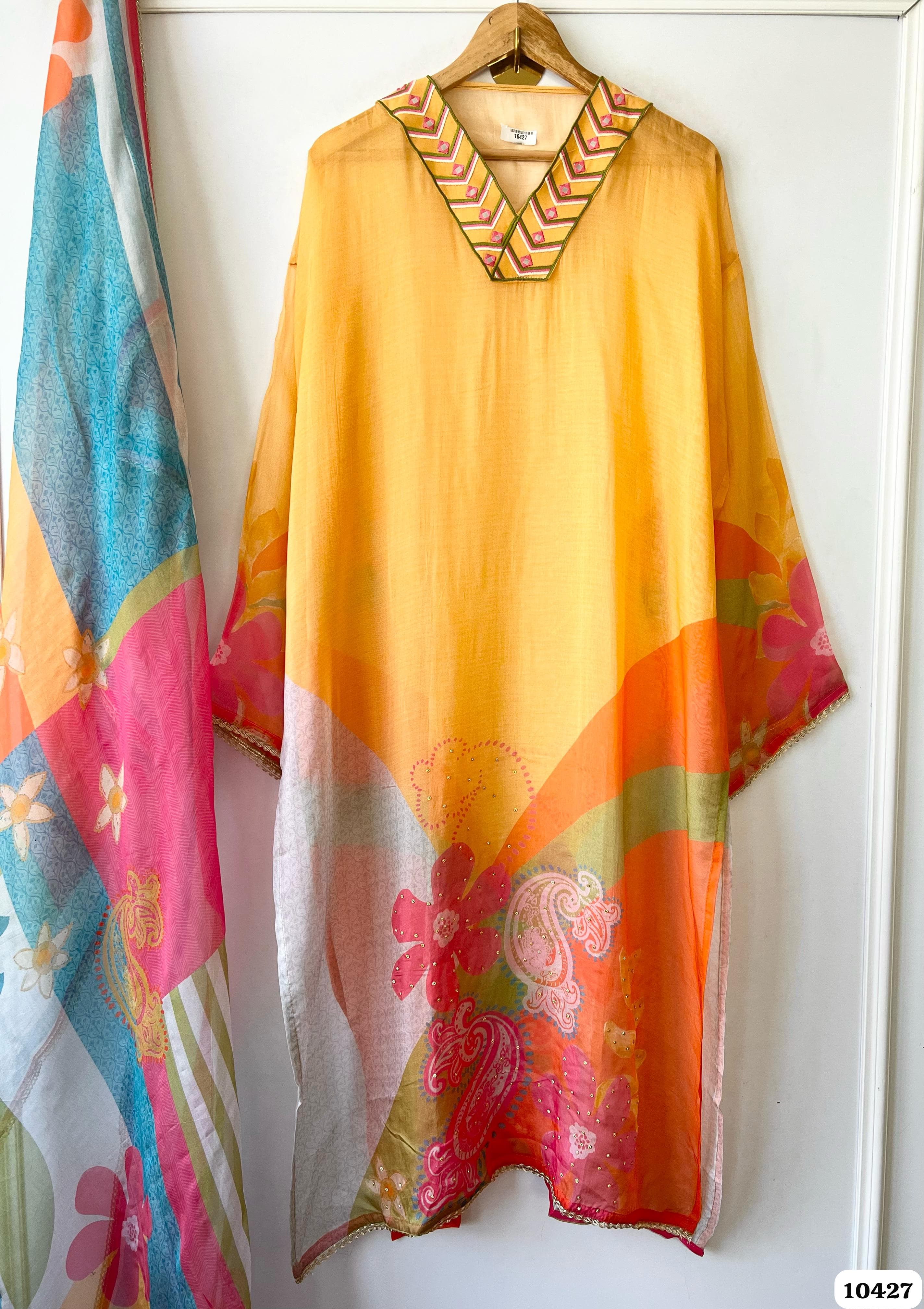 Orange Organza Semi Stitched Printed Embroidered -Set Of 3