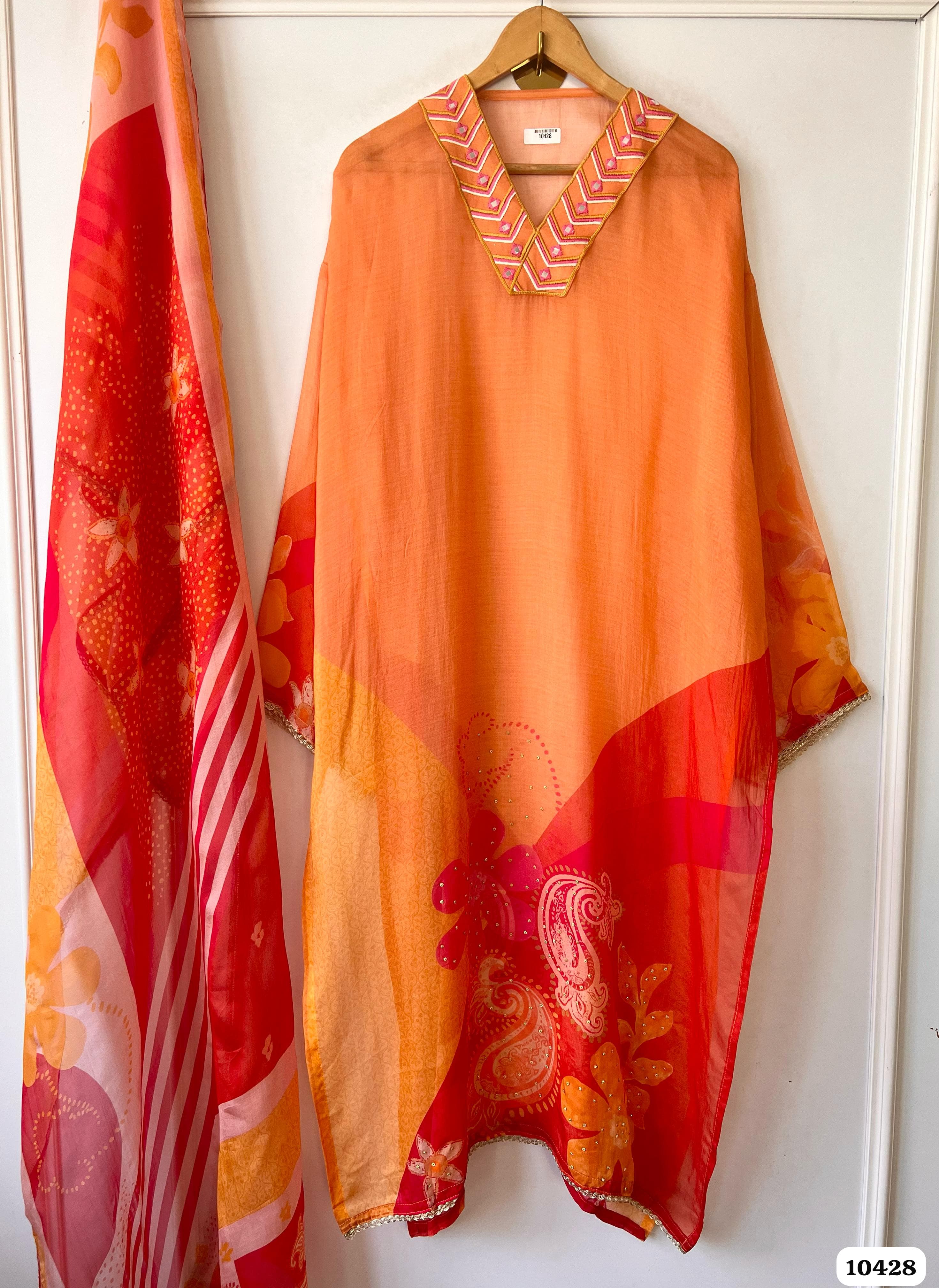 Orange Organza Semi Stitched Printed Embroidered -Set Of 3 {10428}