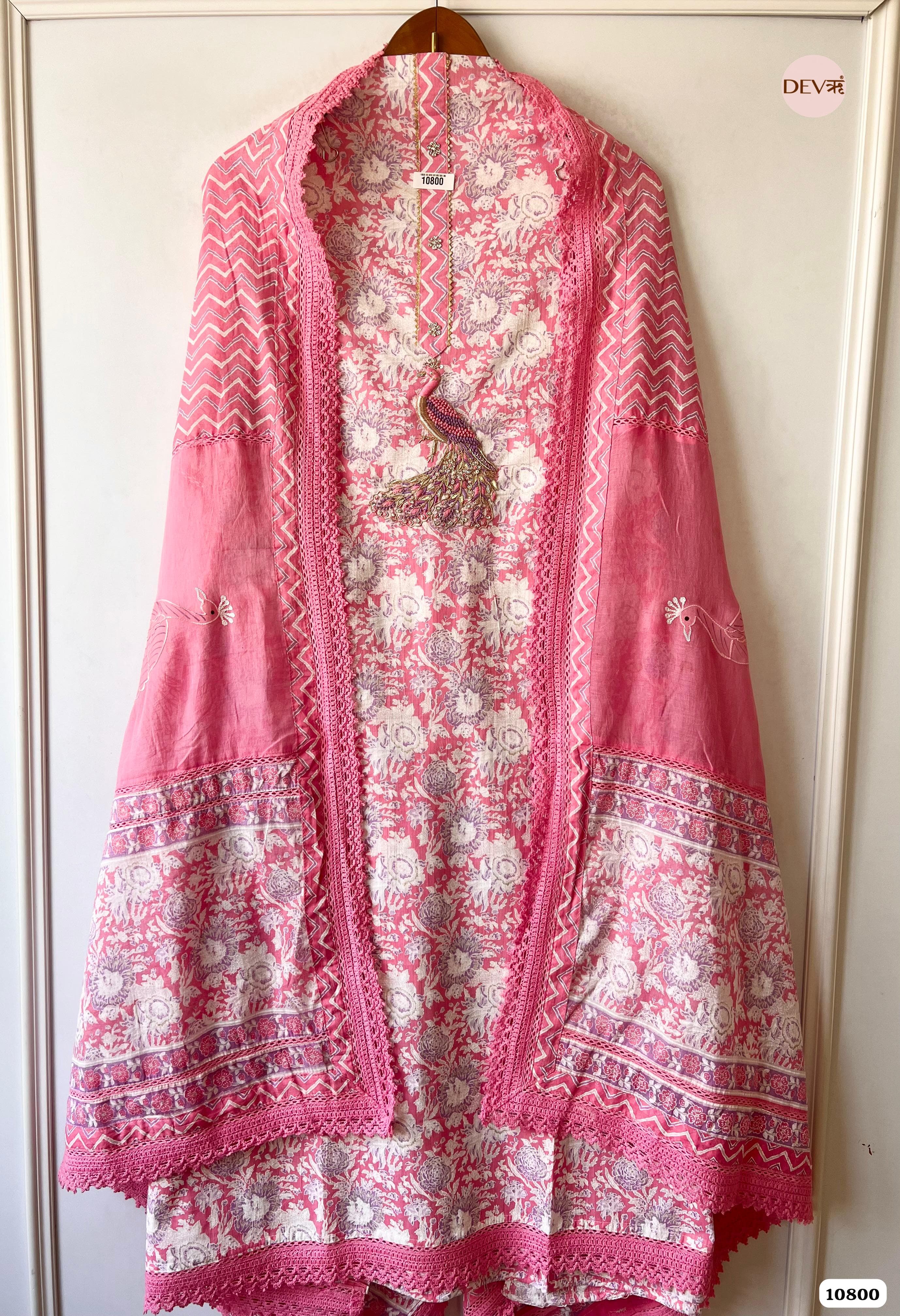 Pink Cotton Jaipuri Printed Hand Embroidered -Set Of 3 {10800}