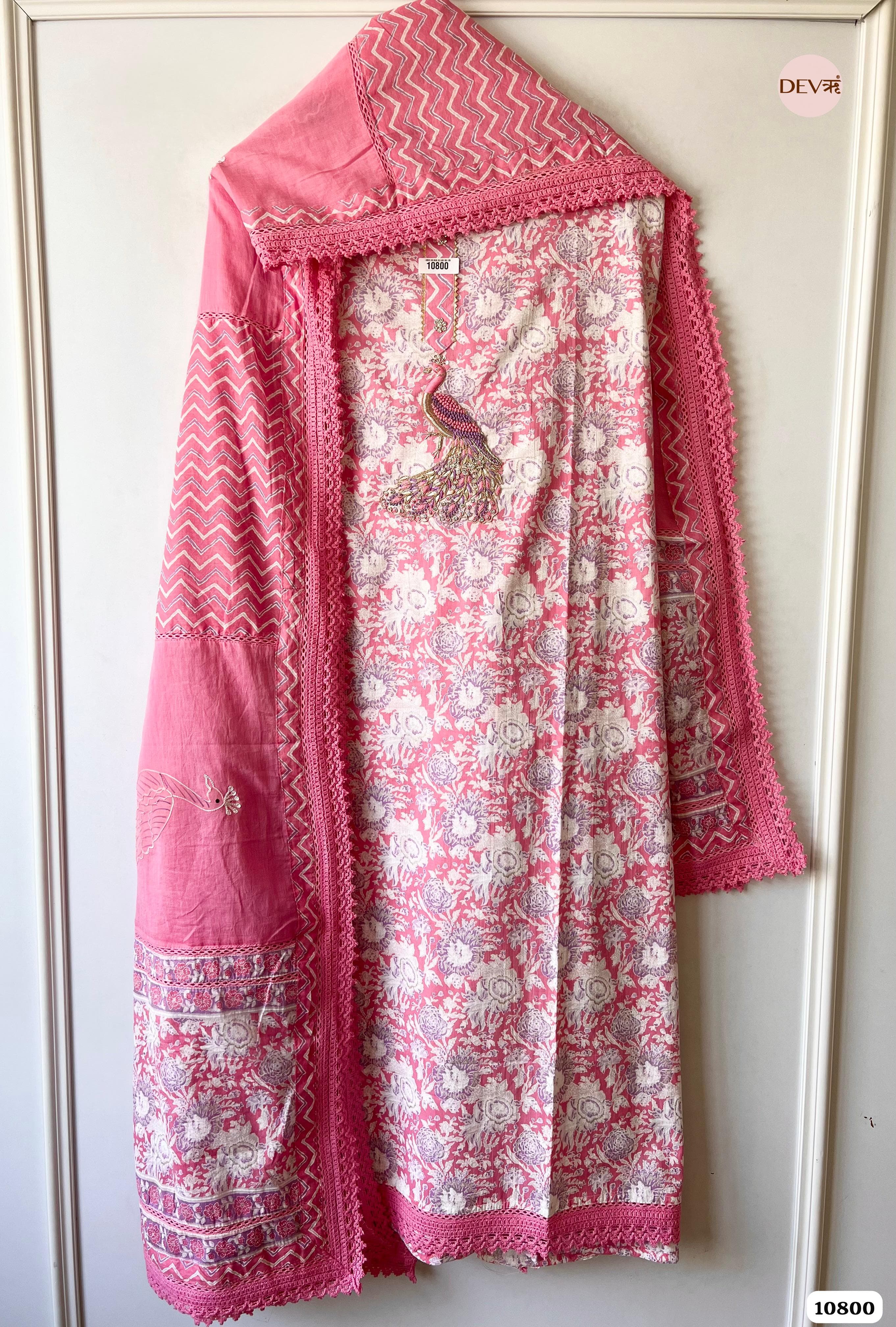 Pink Cotton Jaipuri Printed Hand Embroidered -Set Of 3 {10800}