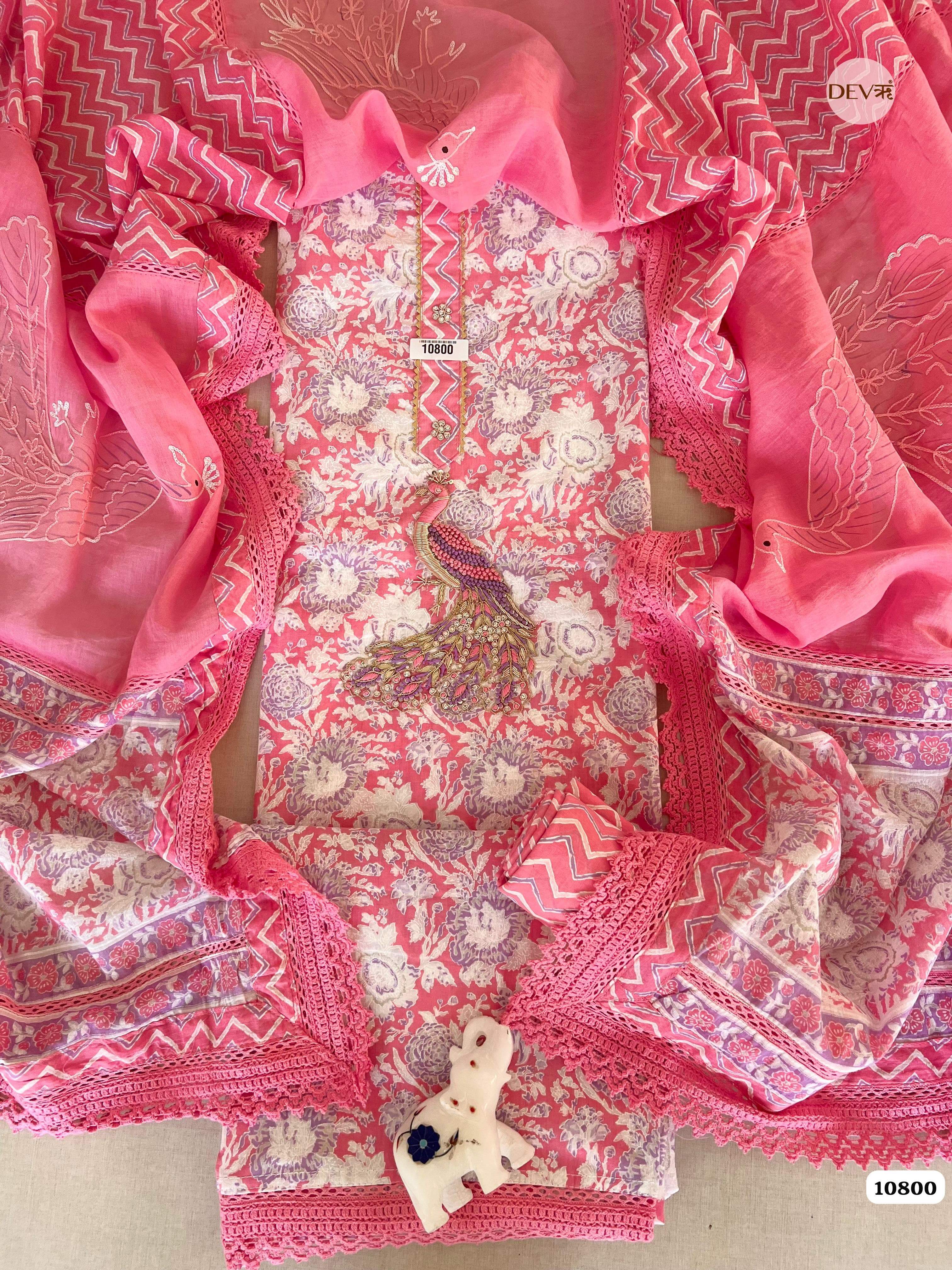 Pink Cotton Jaipuri Printed Hand Embroidered -Set Of 3 {10800}