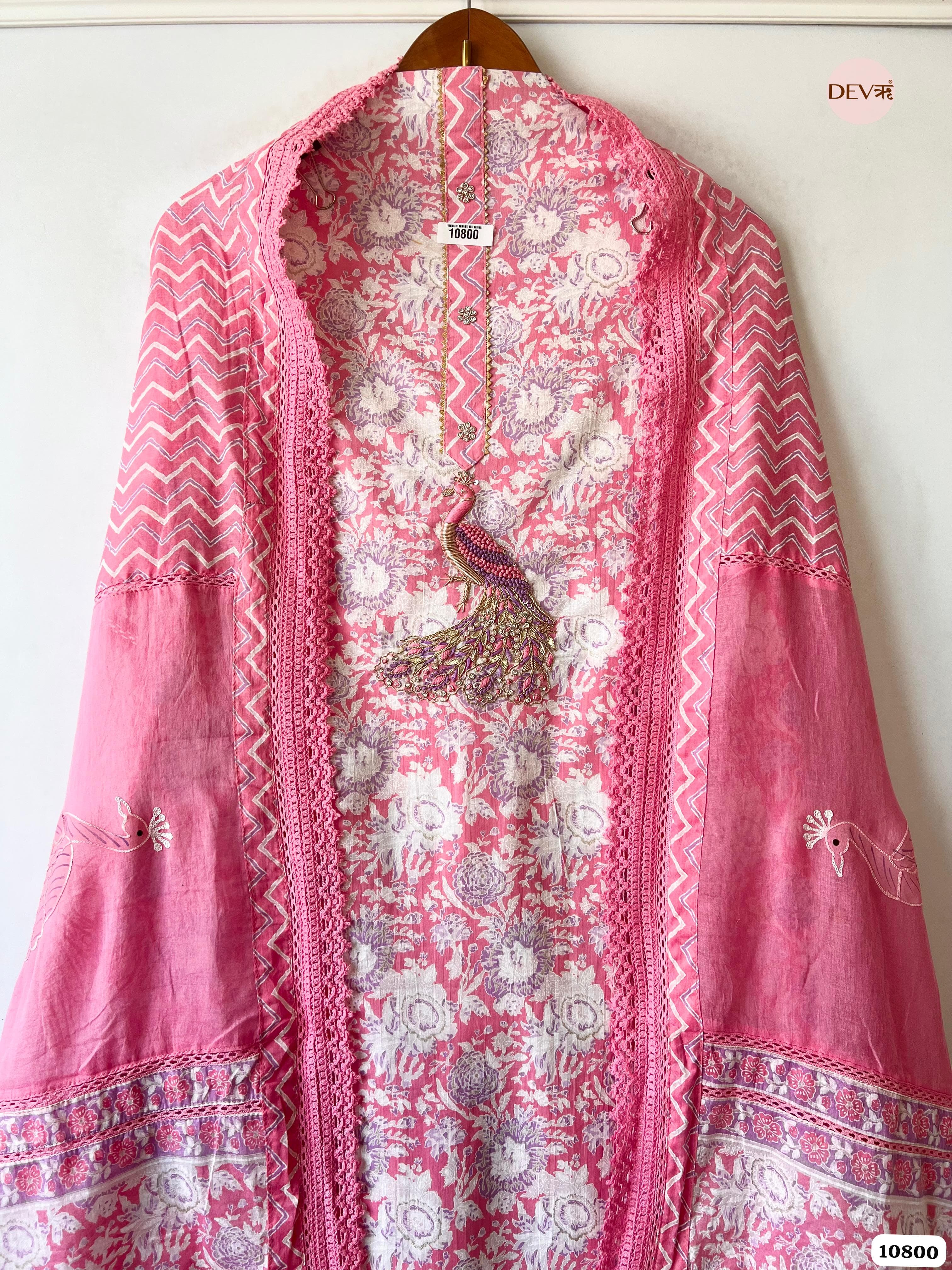 Pink Cotton Jaipuri Printed Hand Embroidered -Set Of 3 {10800}