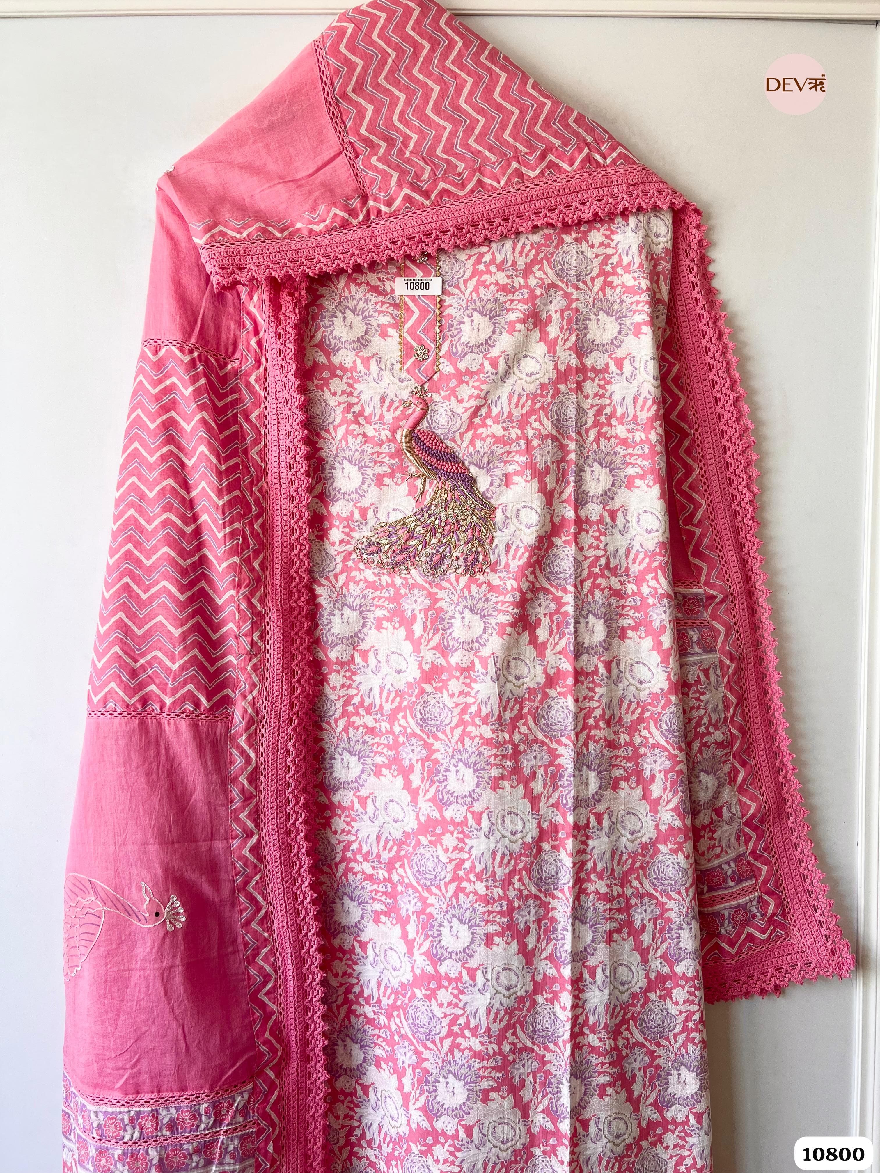 Pink Cotton Jaipuri Printed Hand Embroidered -Set Of 3 {10800}