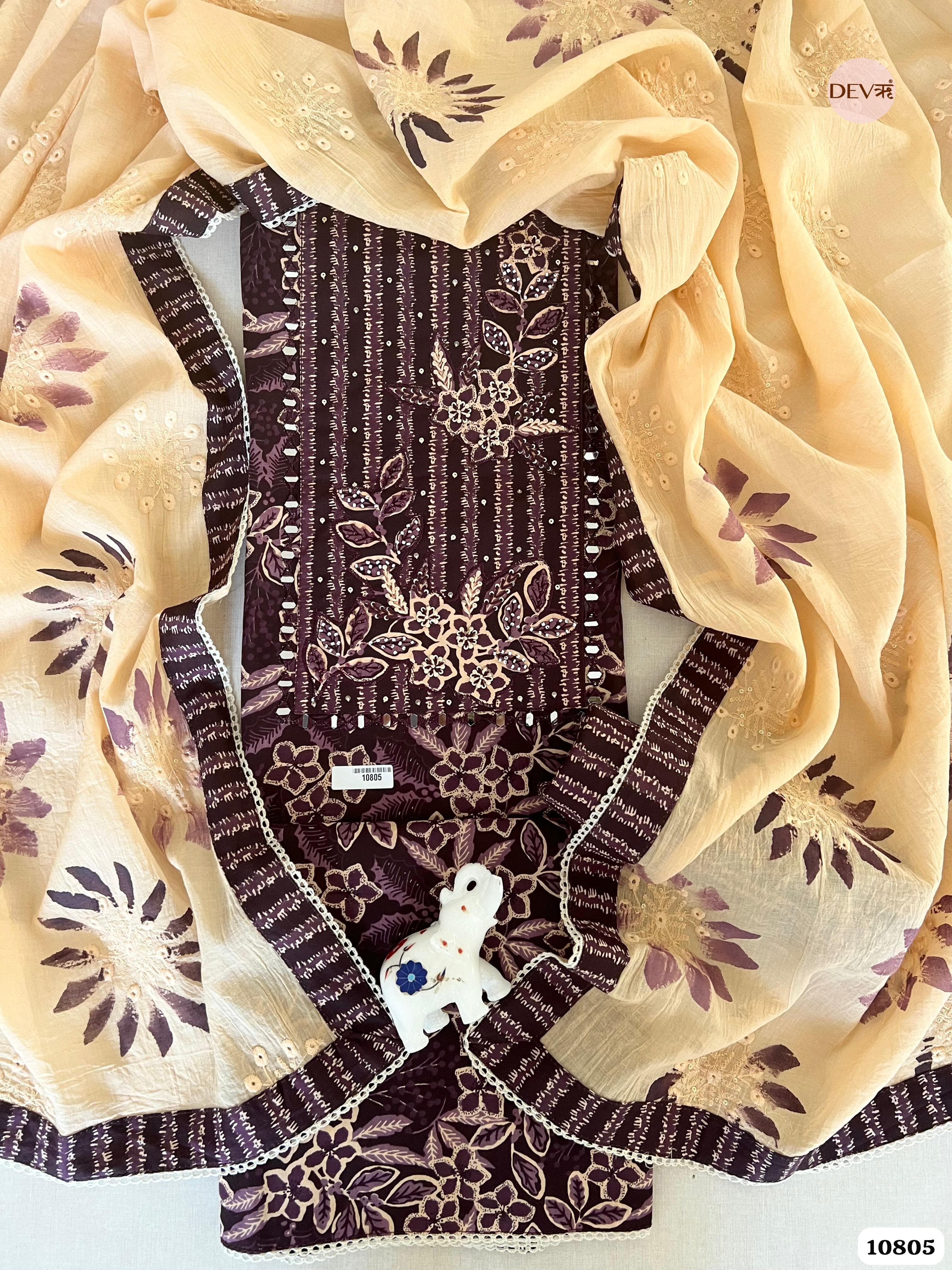 Purplish Brown Cotton Jaipuri Printed Hand Embroidered -Set Of 3 {10805}