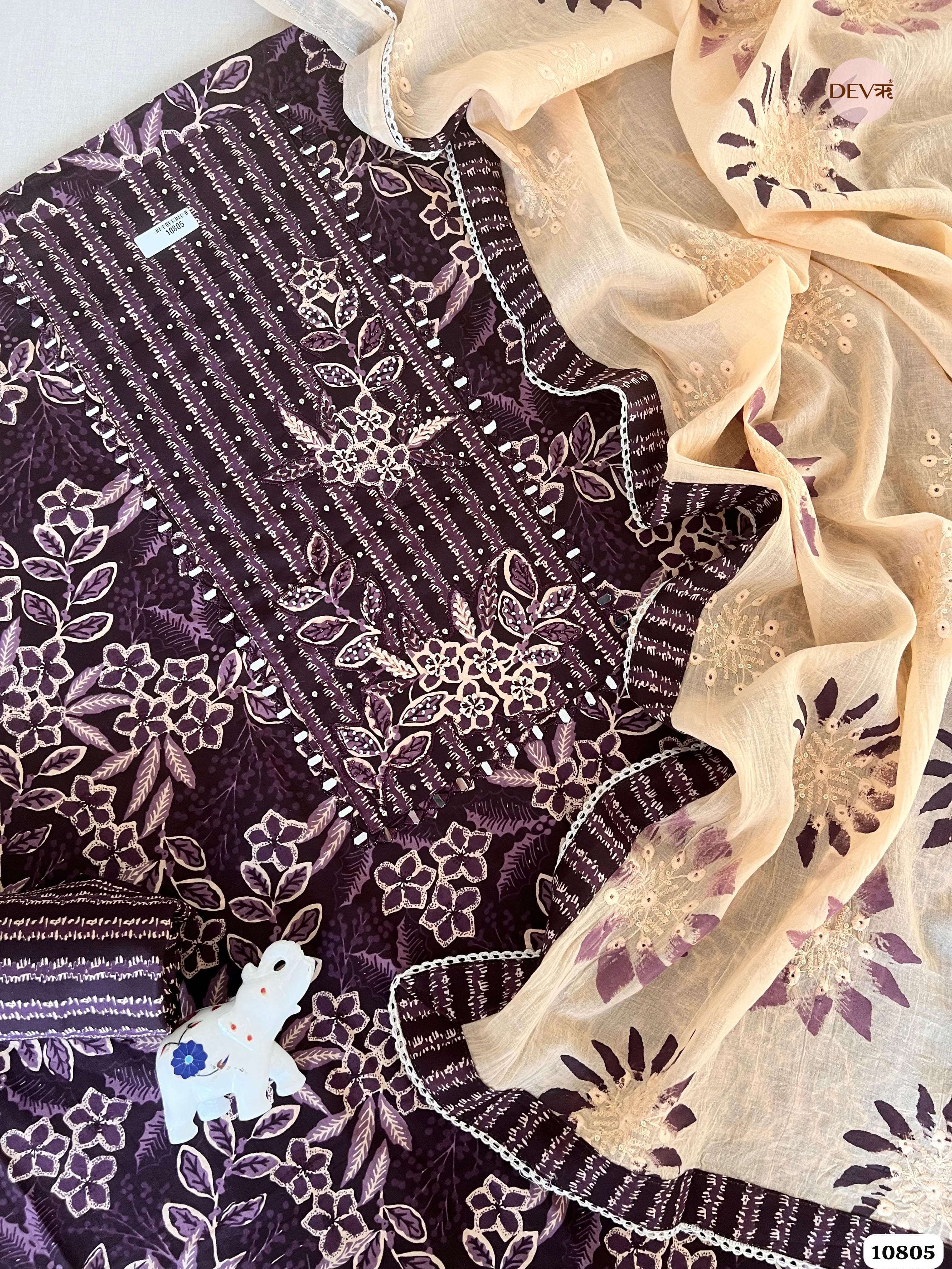 Purplish Brown Cotton Jaipuri Printed Hand Embroidered -Set Of 3 {10805}