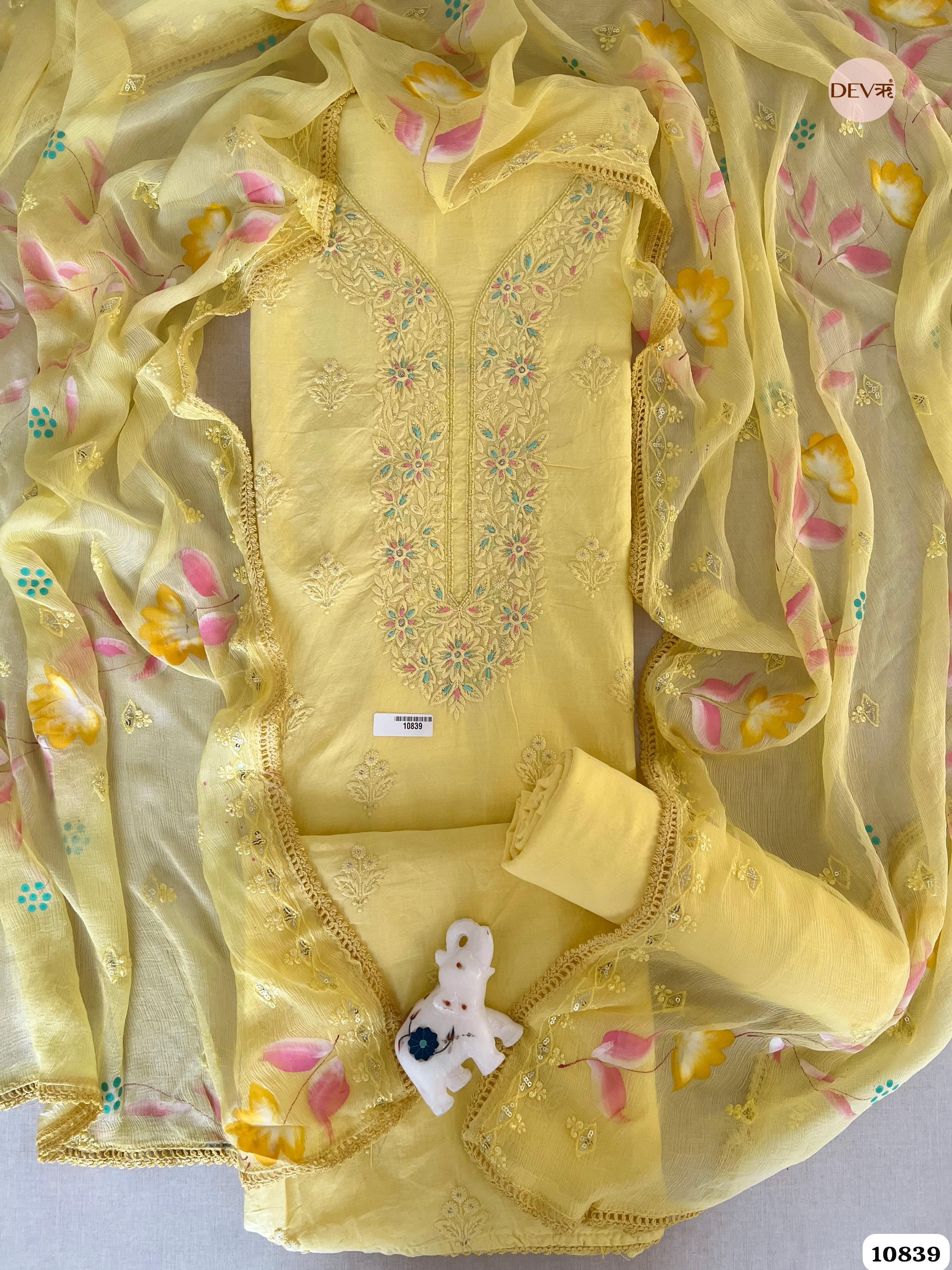 Yellow Cotton Hand Embroidered -Set Of 3 {10839}